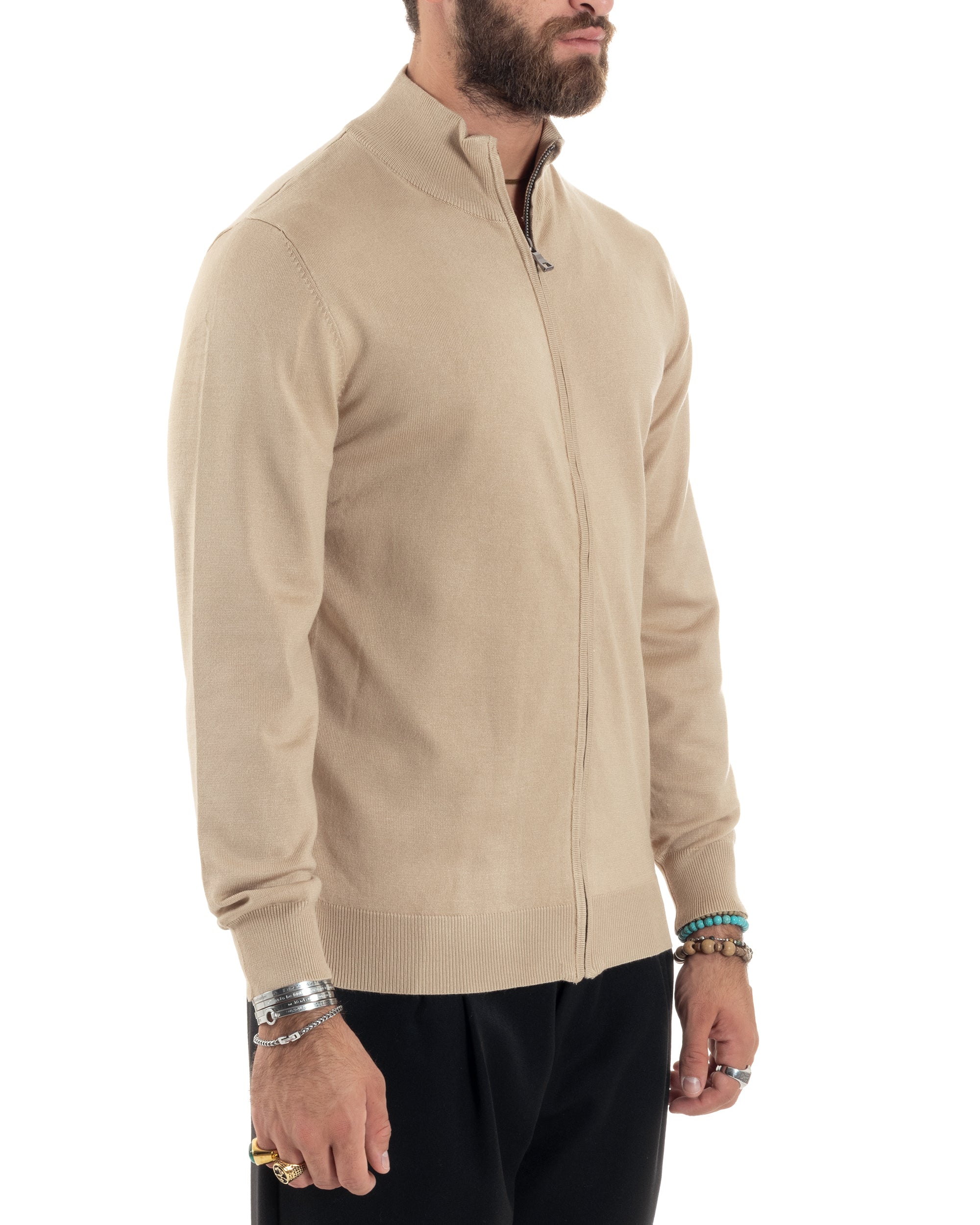 Maglioncino Uomo Con Cerniera Maglia Maniche Lunghe Rasata Basic Pullover Zip Intera Tinta Unita Beige GIOSAL-M2876A