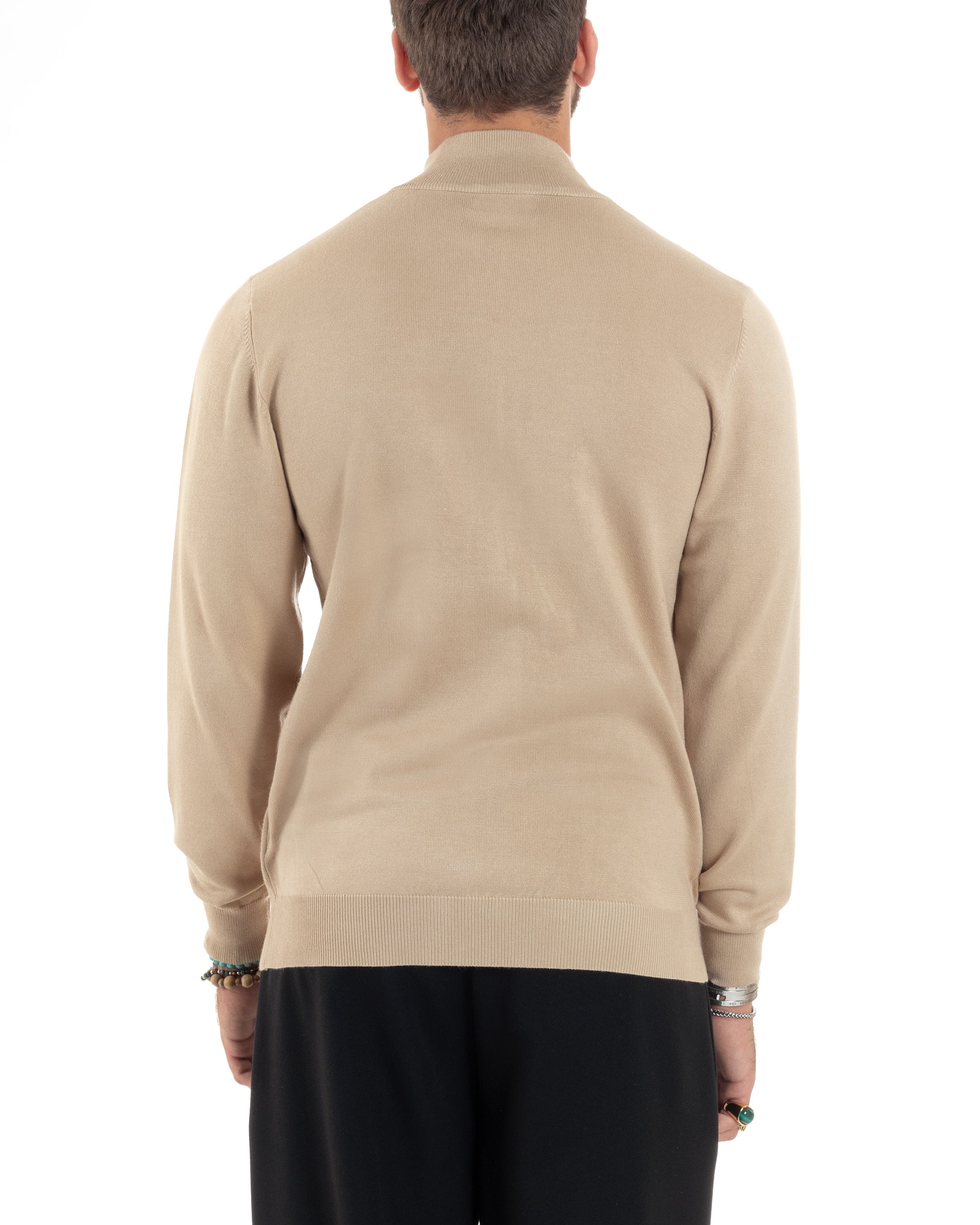 Maglioncino Uomo Con Cerniera Maglia Maniche Lunghe Rasata Basic Pullover Zip Intera Tinta Unita Beige GIOSAL-M2876A