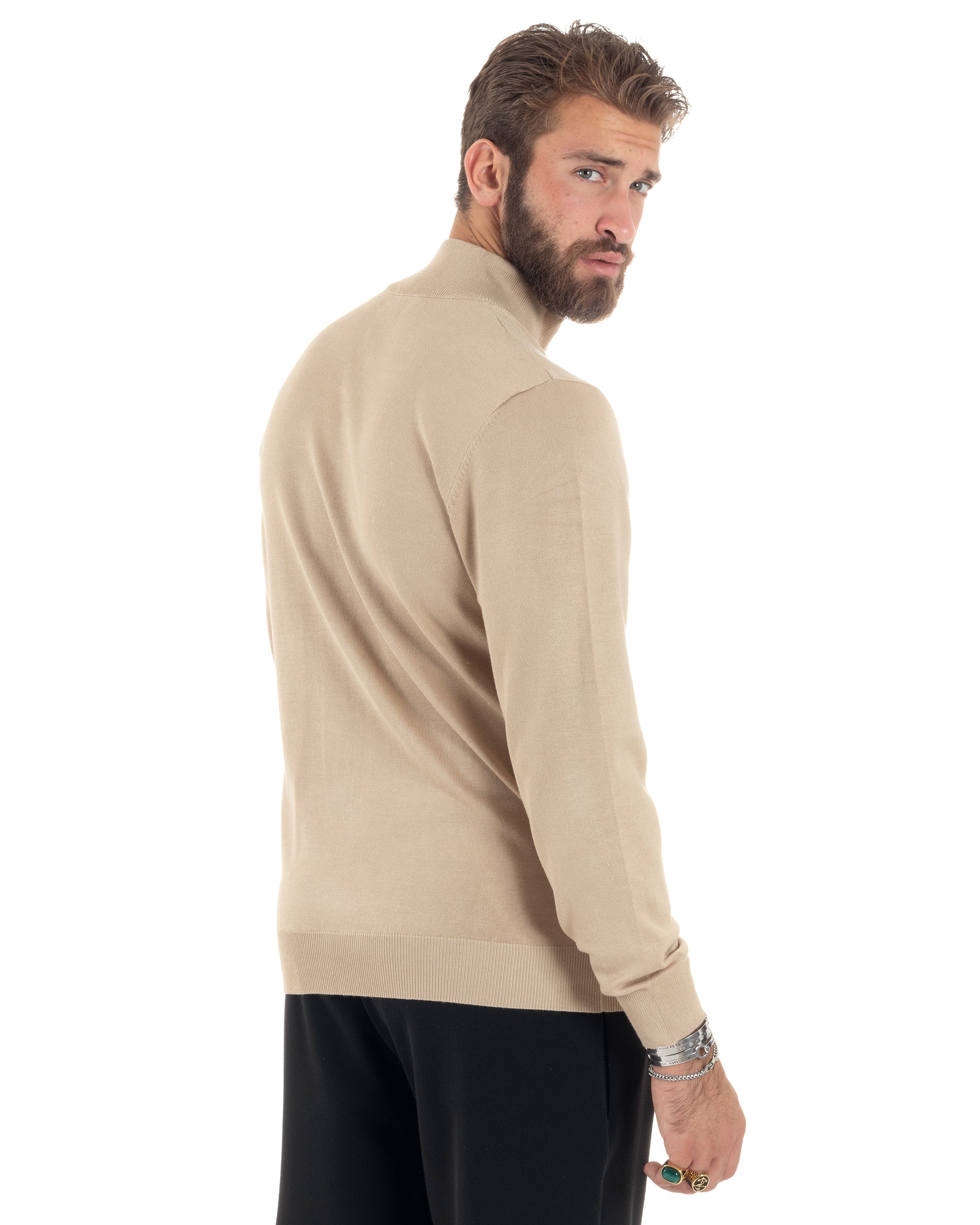 Maglioncino Uomo Con Cerniera Maglia Maniche Lunghe Rasata Basic Pullover Zip Intera Tinta Unita Beige GIOSAL-M2876A