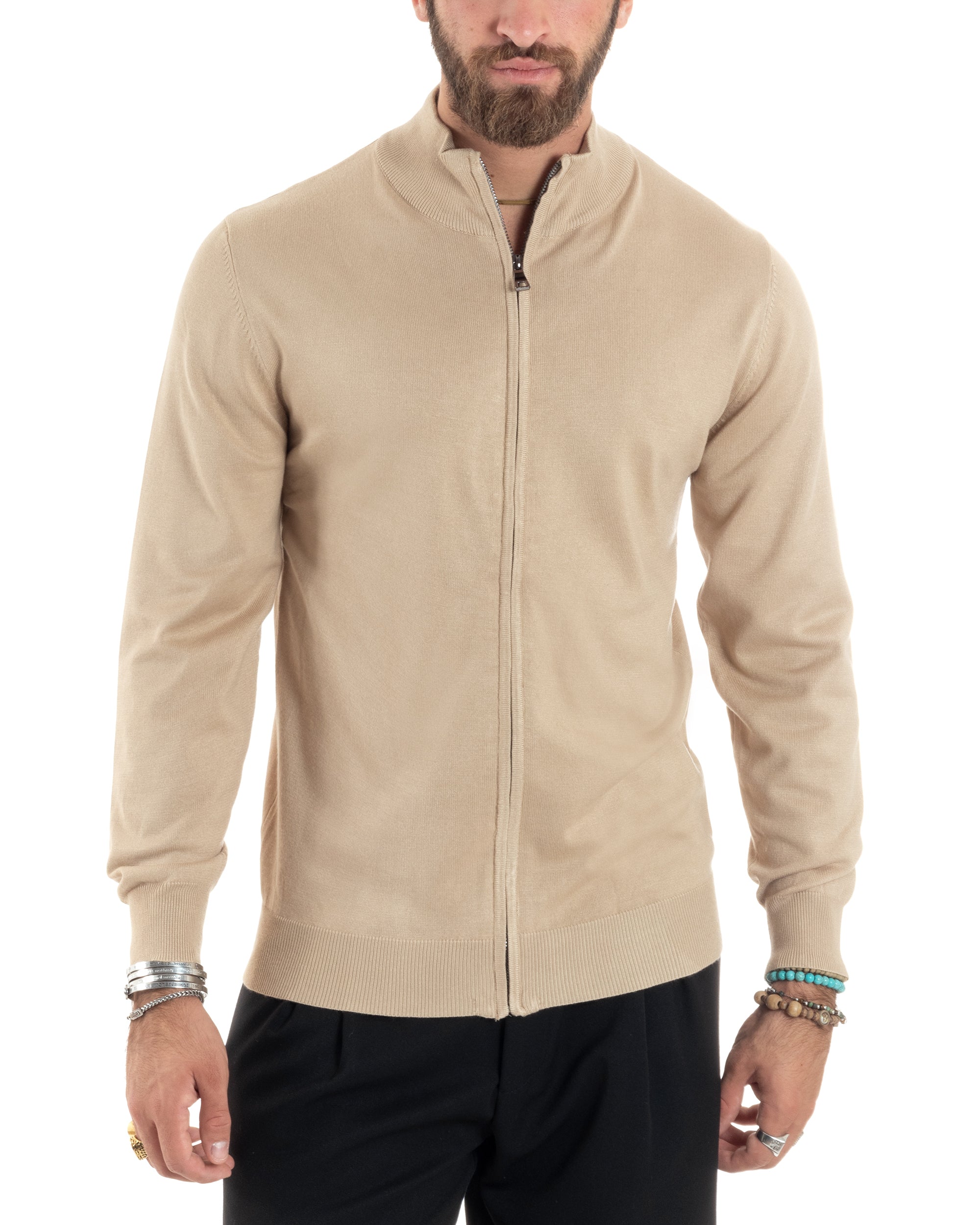 Maglioncino Uomo Con Cerniera Maglia Maniche Lunghe Rasata Basic Pullover Zip Intera Tinta Unita Beige GIOSAL-M2876A