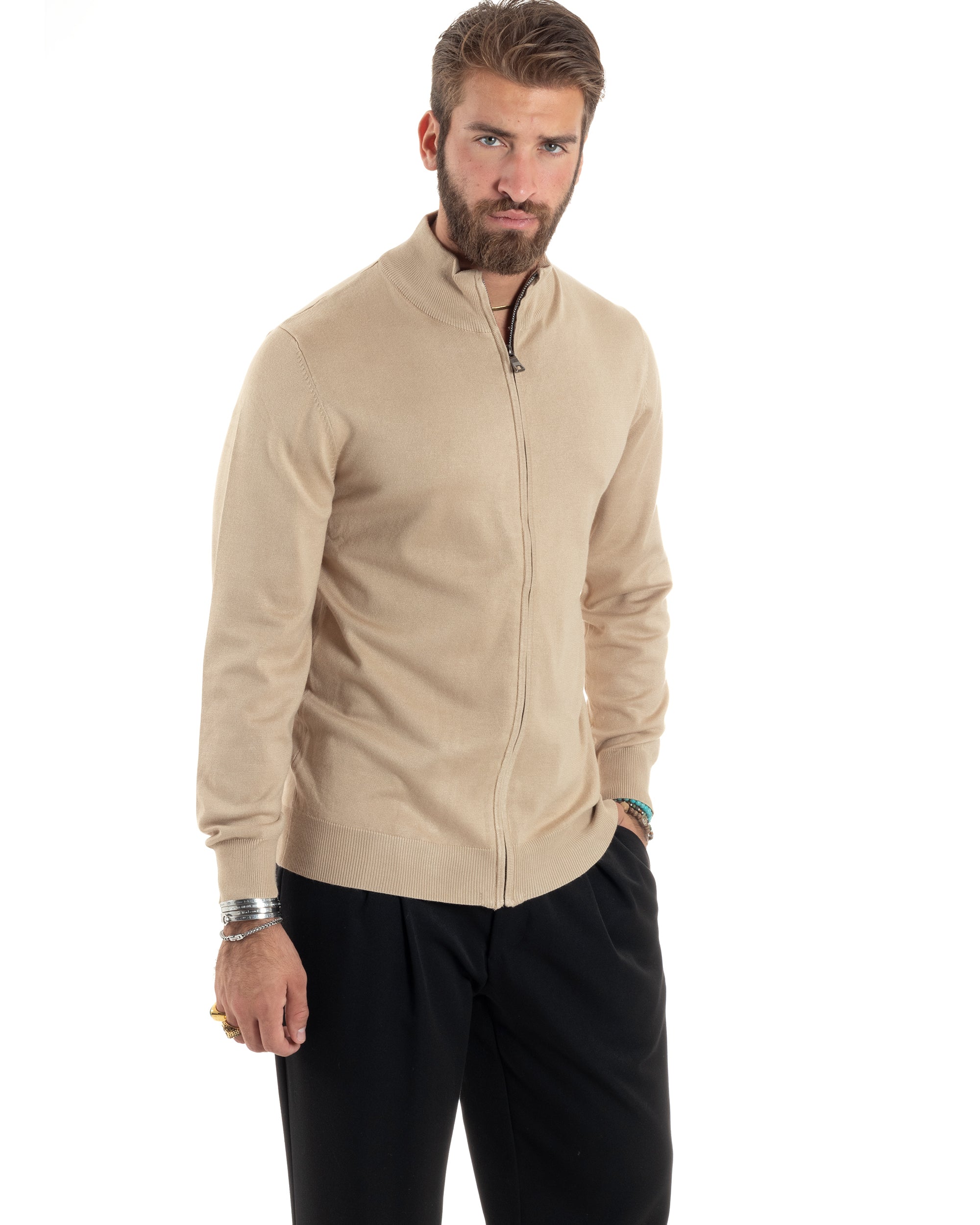 Maglioncino Uomo Con Cerniera Maglia Maniche Lunghe Rasata Basic Pullover Zip Intera Tinta Unita Beige GIOSAL-M2876A