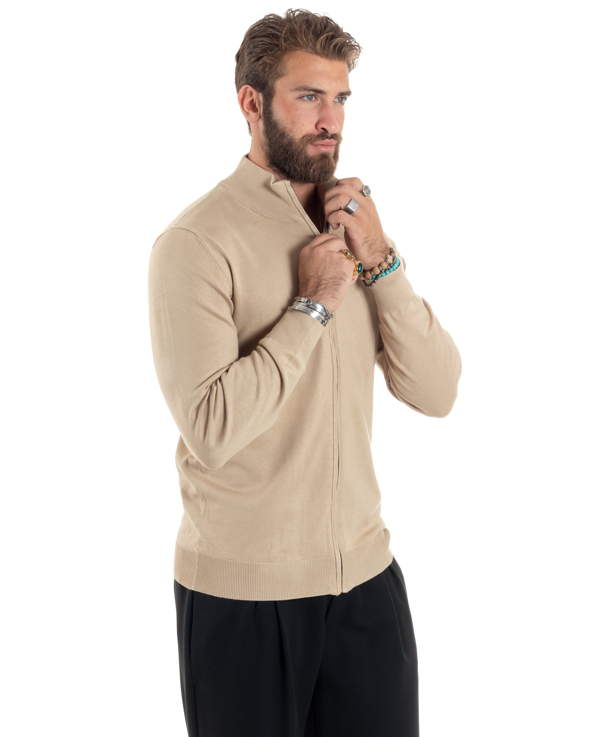 Maglioncino Uomo Con Cerniera Maglia Maniche Lunghe Rasata Basic Pullover Zip Intera Tinta Unita Beige GIOSAL-M2876A