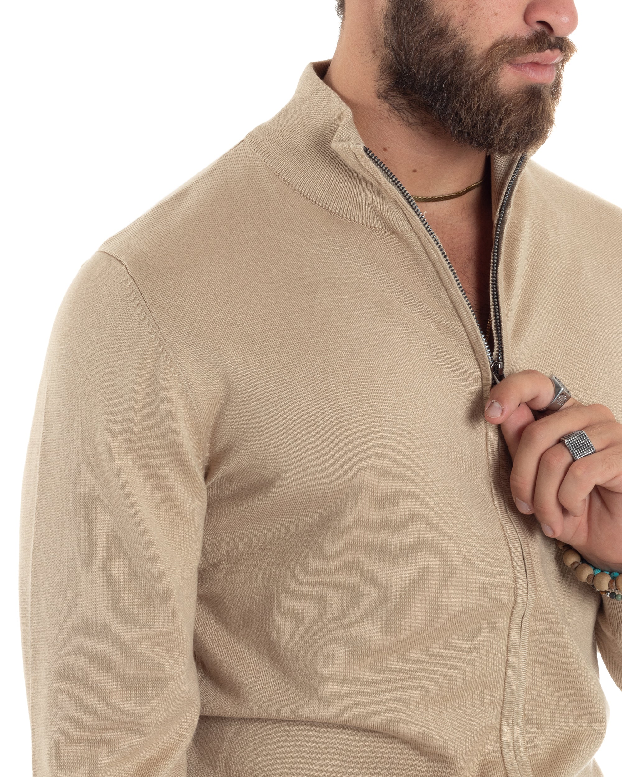 Maglioncino Uomo Con Cerniera Maglia Maniche Lunghe Rasata Basic Pullover Zip Intera Tinta Unita Beige GIOSAL-M2876A