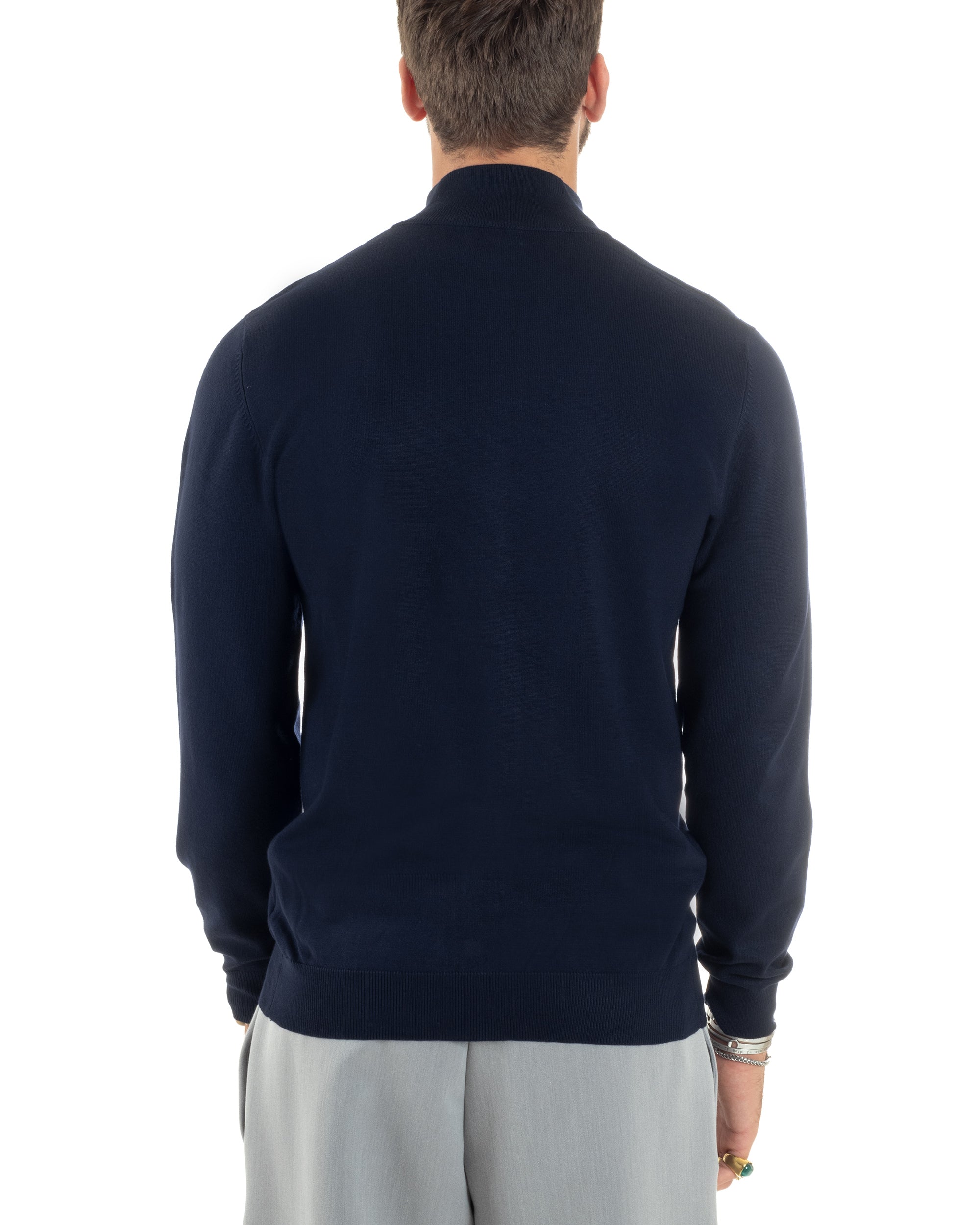 Maglioncino Uomo Con Cerniera Maglia Maniche Lunghe Rasata Basic Pullover Zip Intera Tinta Unita Blu GIOSAL-M2877A