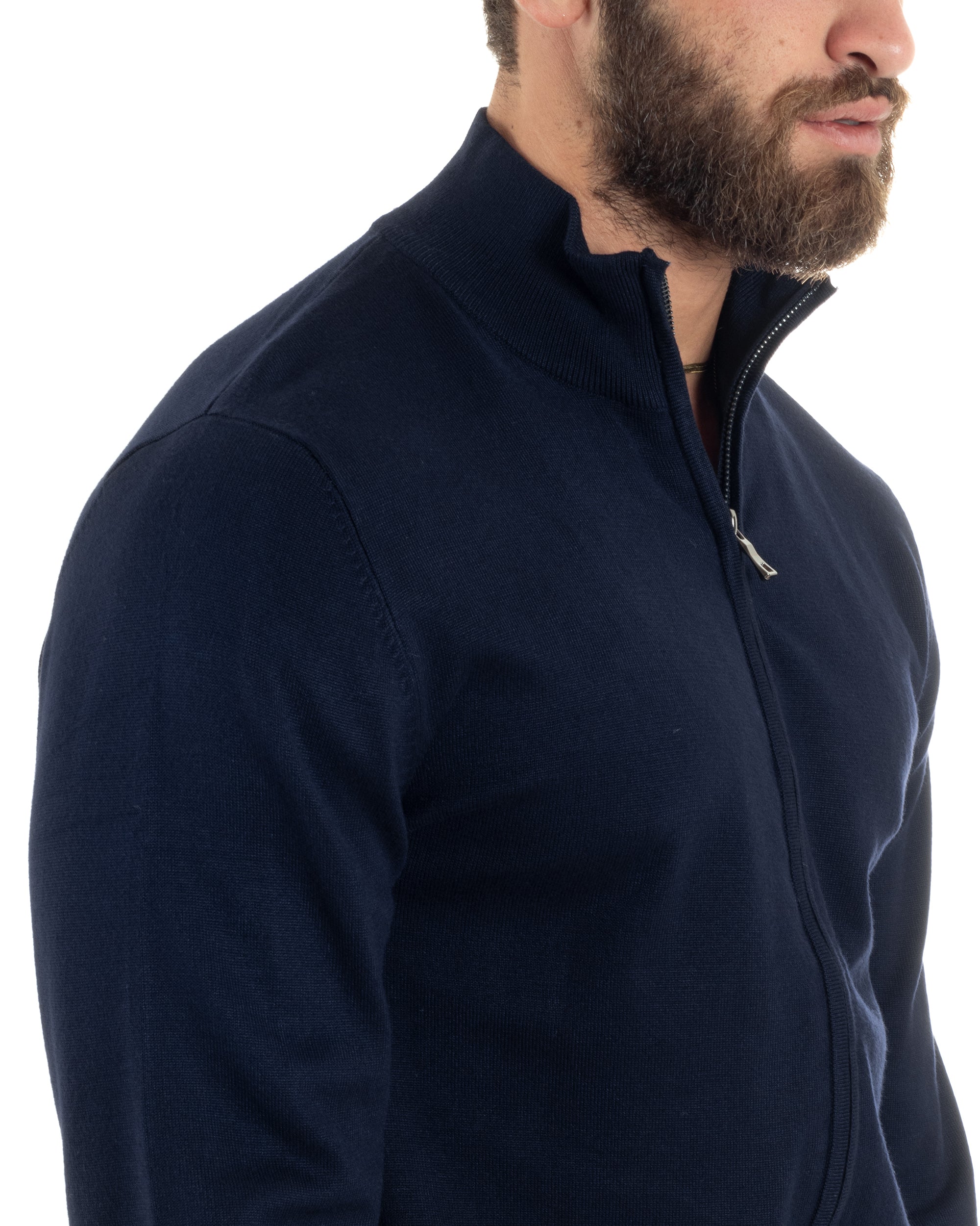 Maglioncino Uomo Con Cerniera Maglia Maniche Lunghe Rasata Basic Pullover Zip Intera Tinta Unita Blu GIOSAL-M2877A