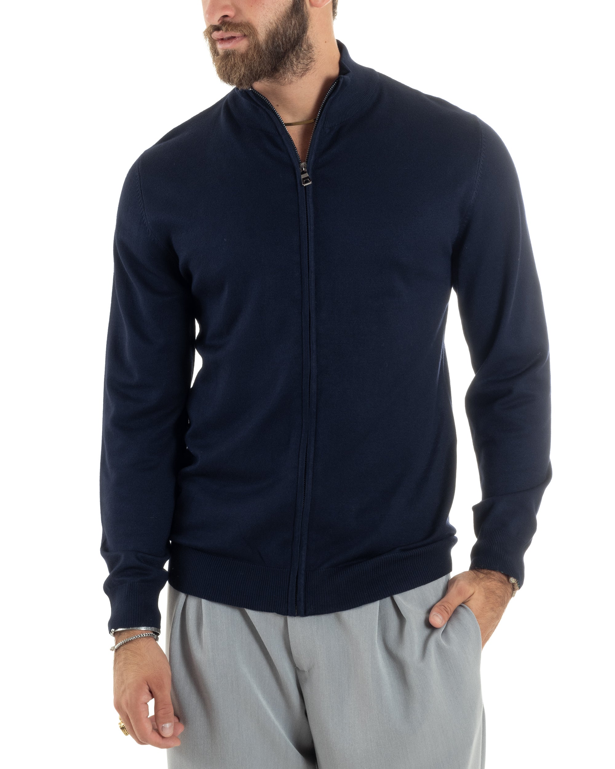 Maglioncino Uomo Con Cerniera Maglia Maniche Lunghe Rasata Basic Pullover Zip Intera Tinta Unita Blu GIOSAL-M2877A