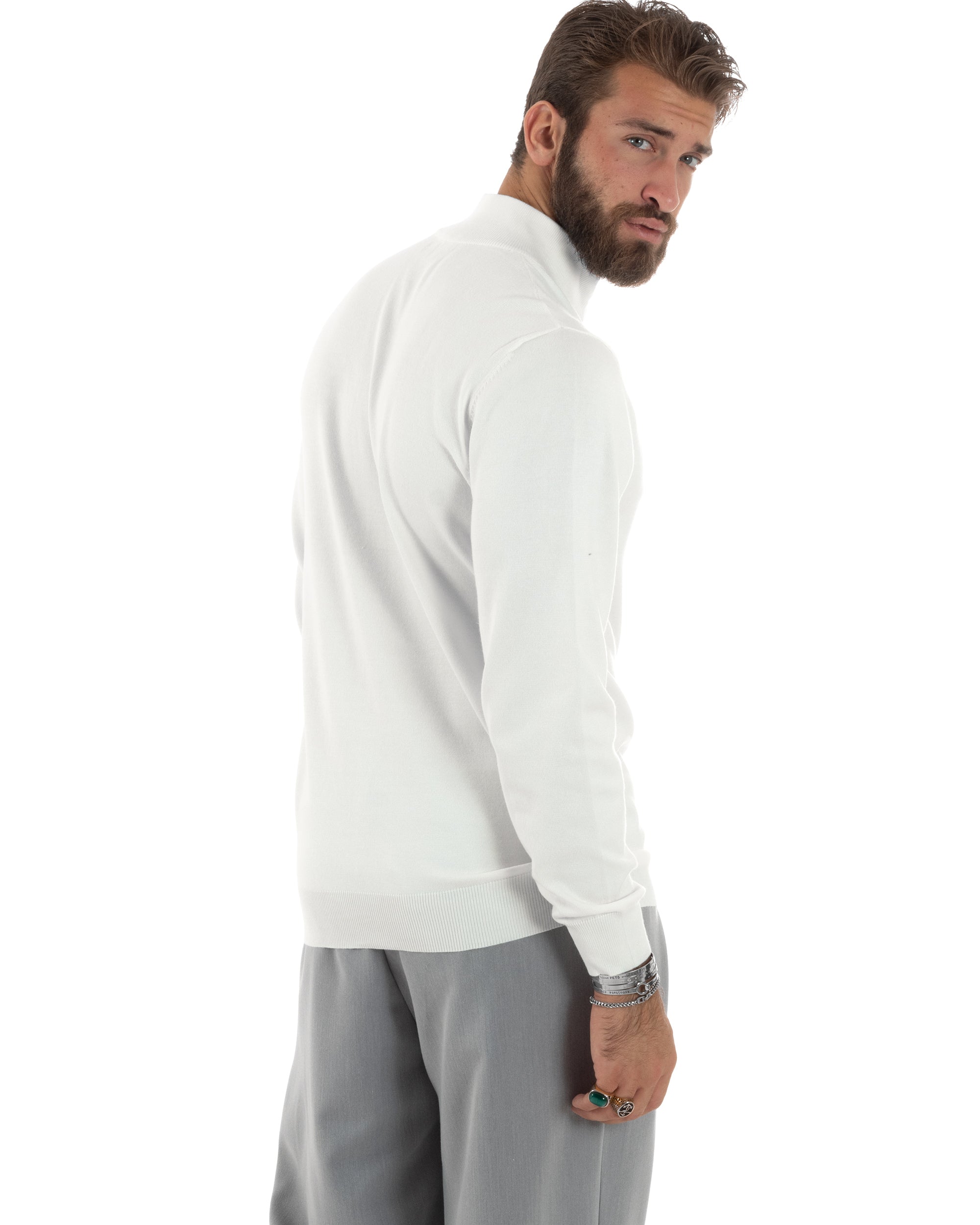 Maglioncino Uomo Con Cerniera Maglia Maniche Lunghe Rasata Basic Pullover Zip Intera Tinta Unita Bianco GIOSAL-M2878A