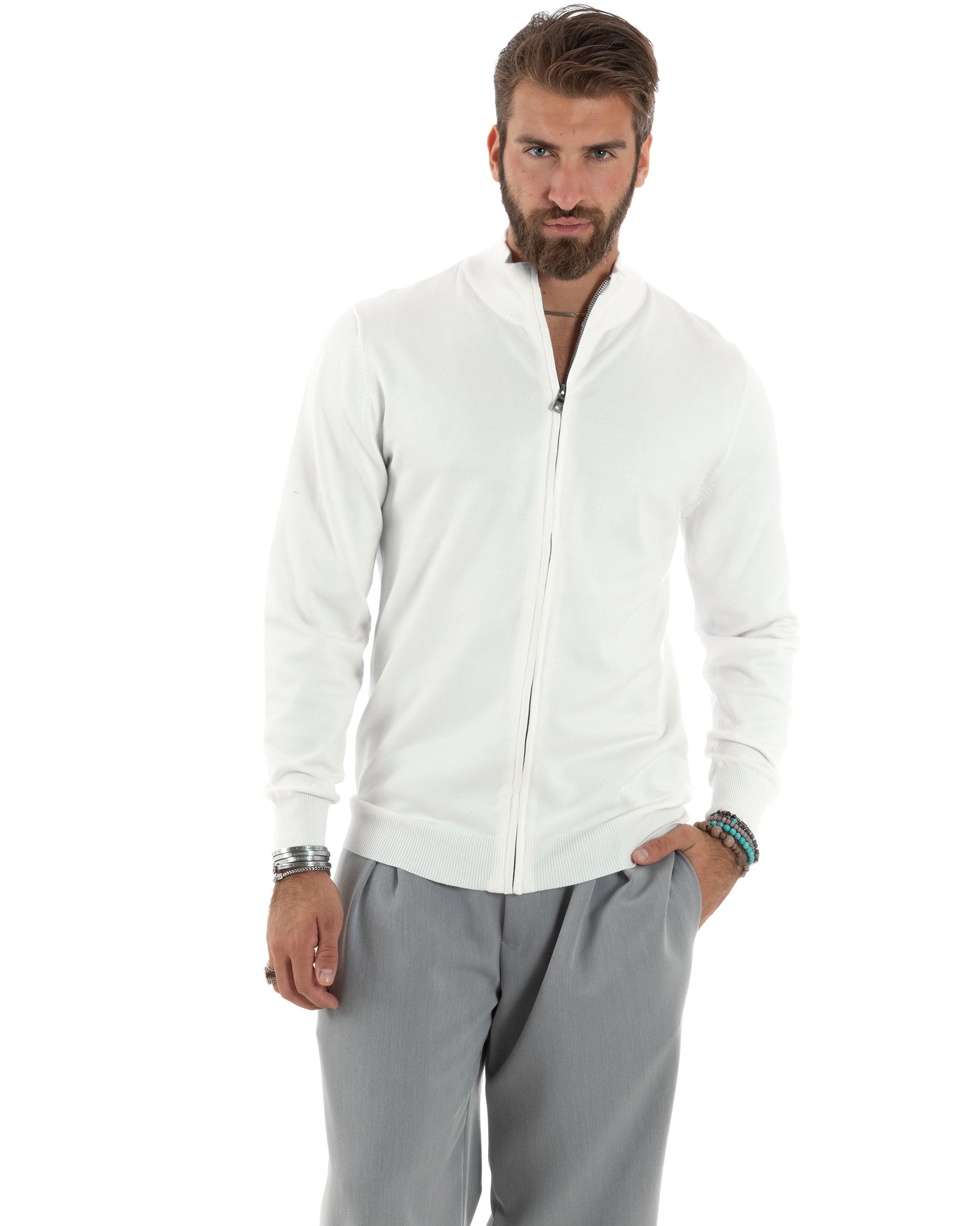 Maglioncino Uomo Con Cerniera Maglia Maniche Lunghe Rasata Basic Pullover Zip Intera Tinta Unita Bianco GIOSAL-M2878A