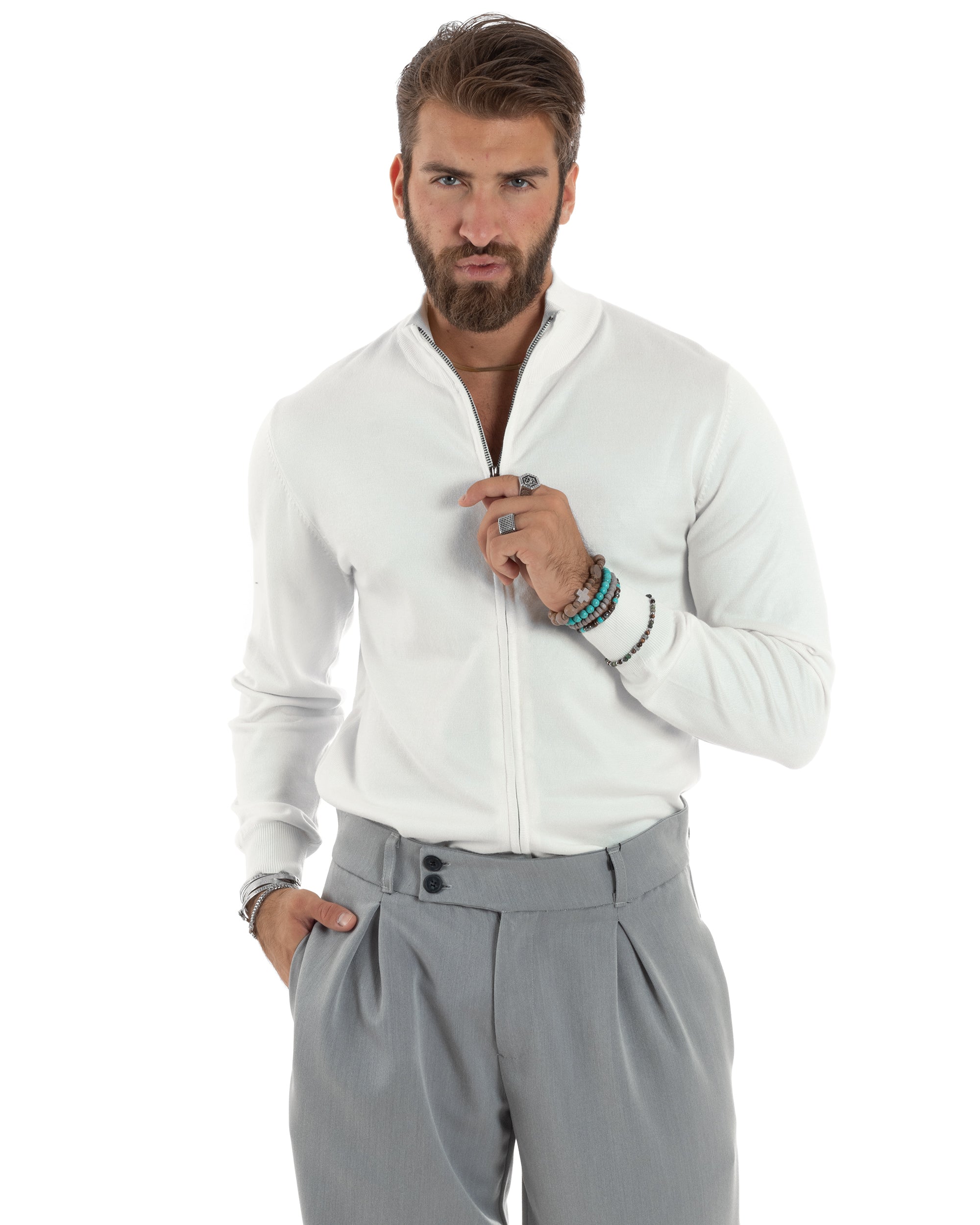 Maglioncino Uomo Con Cerniera Maglia Maniche Lunghe Rasata Basic Pullover Zip Intera Tinta Unita Bianco GIOSAL-M2878A