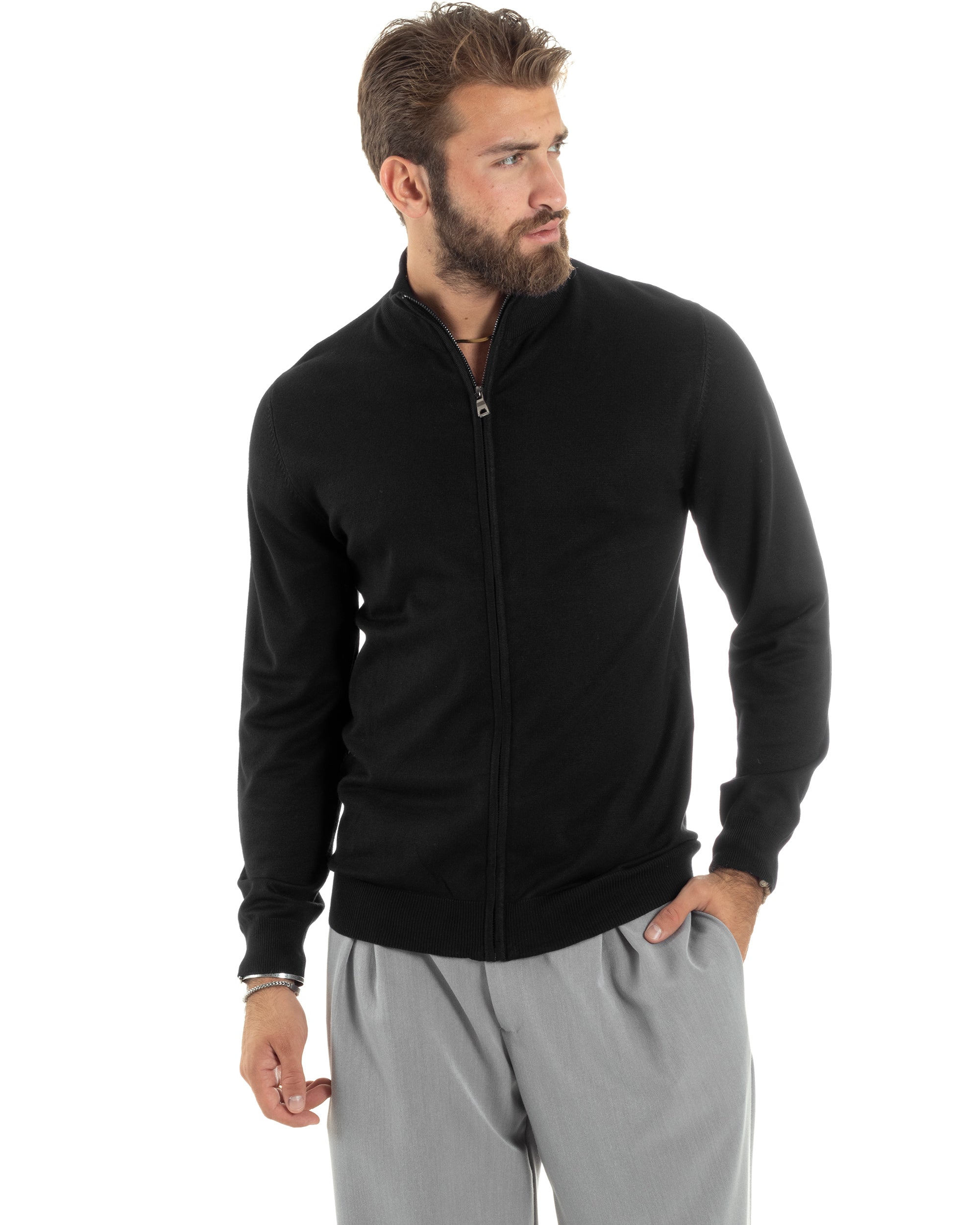 Maglioncino Uomo Con Cerniera Maglia Maniche Lunghe Rasata Basic Pullover Zip Intera Tinta Unita Nero GIOSAL-M2879A