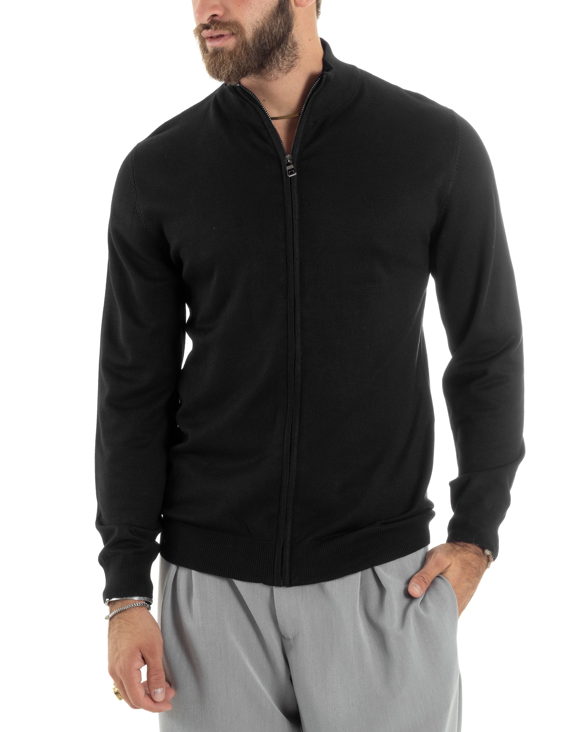 Maglioncino Uomo Con Cerniera Maglia Maniche Lunghe Rasata Basic Pullover Zip Intera Tinta Unita Nero GIOSAL-M2879A