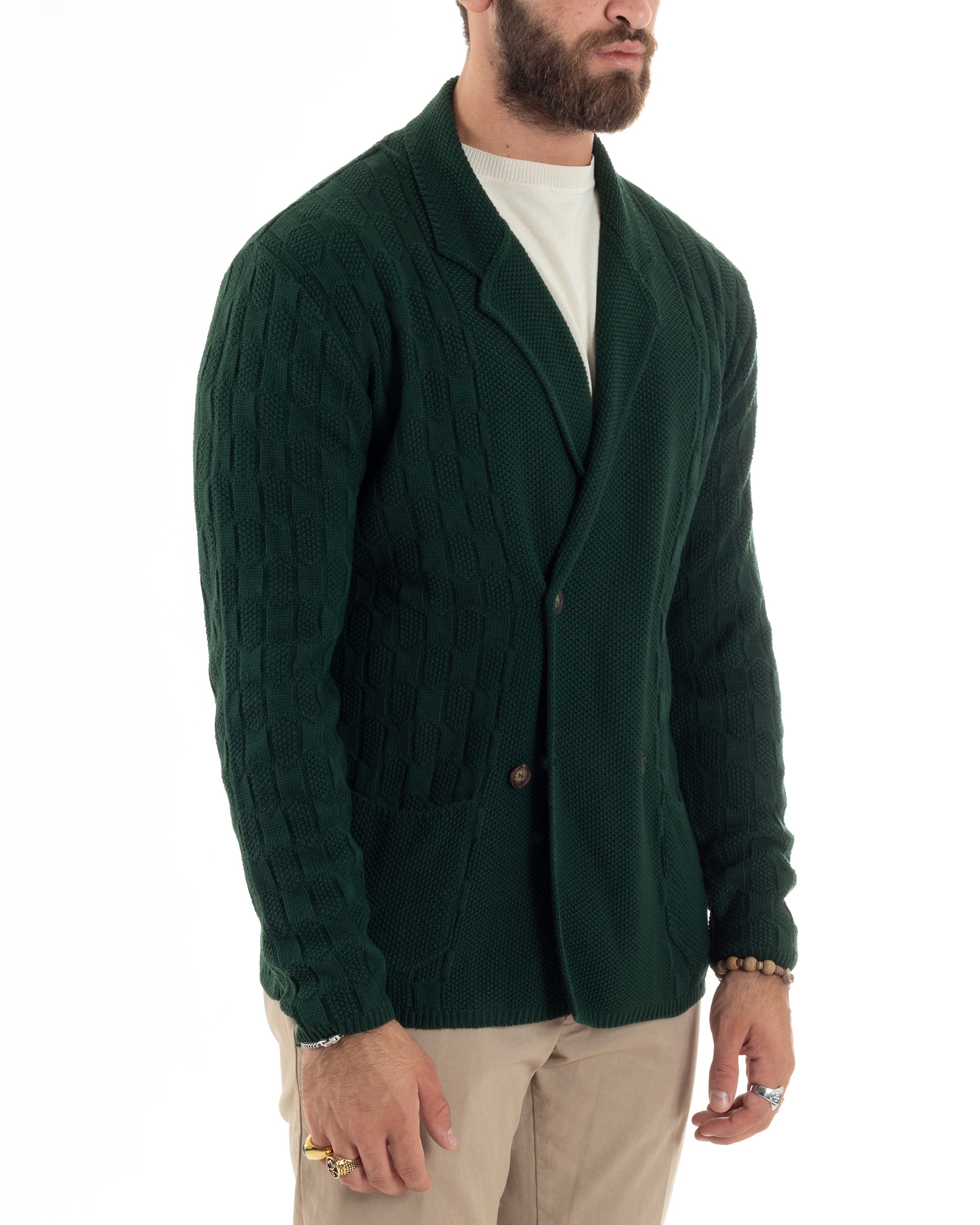 Cardigan Uomo Doppiopetto Giacca Con Bottoni Maglia Lavorata Maglioncino Tramato Casual Verde GIOSAL-M2880A