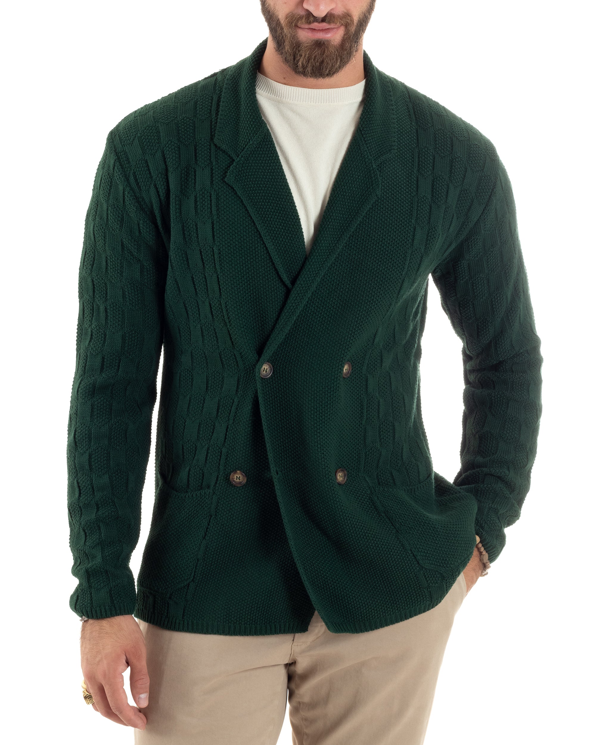 Cardigan Uomo Doppiopetto Giacca Con Bottoni Maglia Lavorata Maglioncino Tramato Casual Verde GIOSAL-M2880A