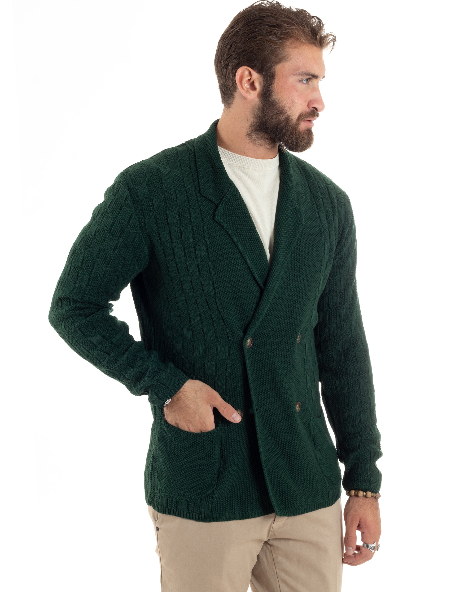 Cardigan Uomo Doppiopetto Giacca Con Bottoni Maglia Lavorata Maglioncino Tramato Casual Verde GIOSAL-M2880A