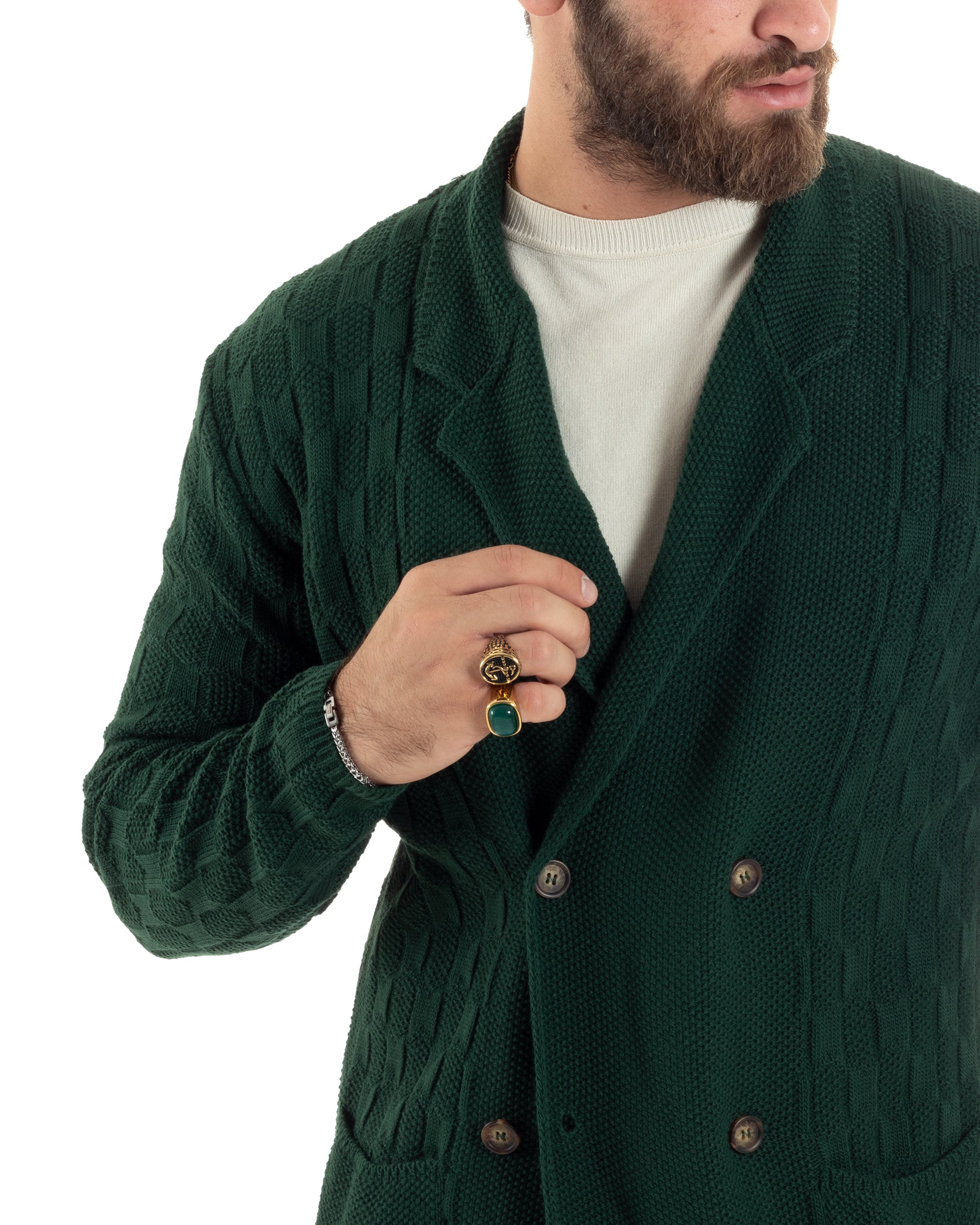 Cardigan Uomo Doppiopetto Giacca Con Bottoni Maglia Lavorata Maglioncino Tramato Casual Verde GIOSAL-M2880A