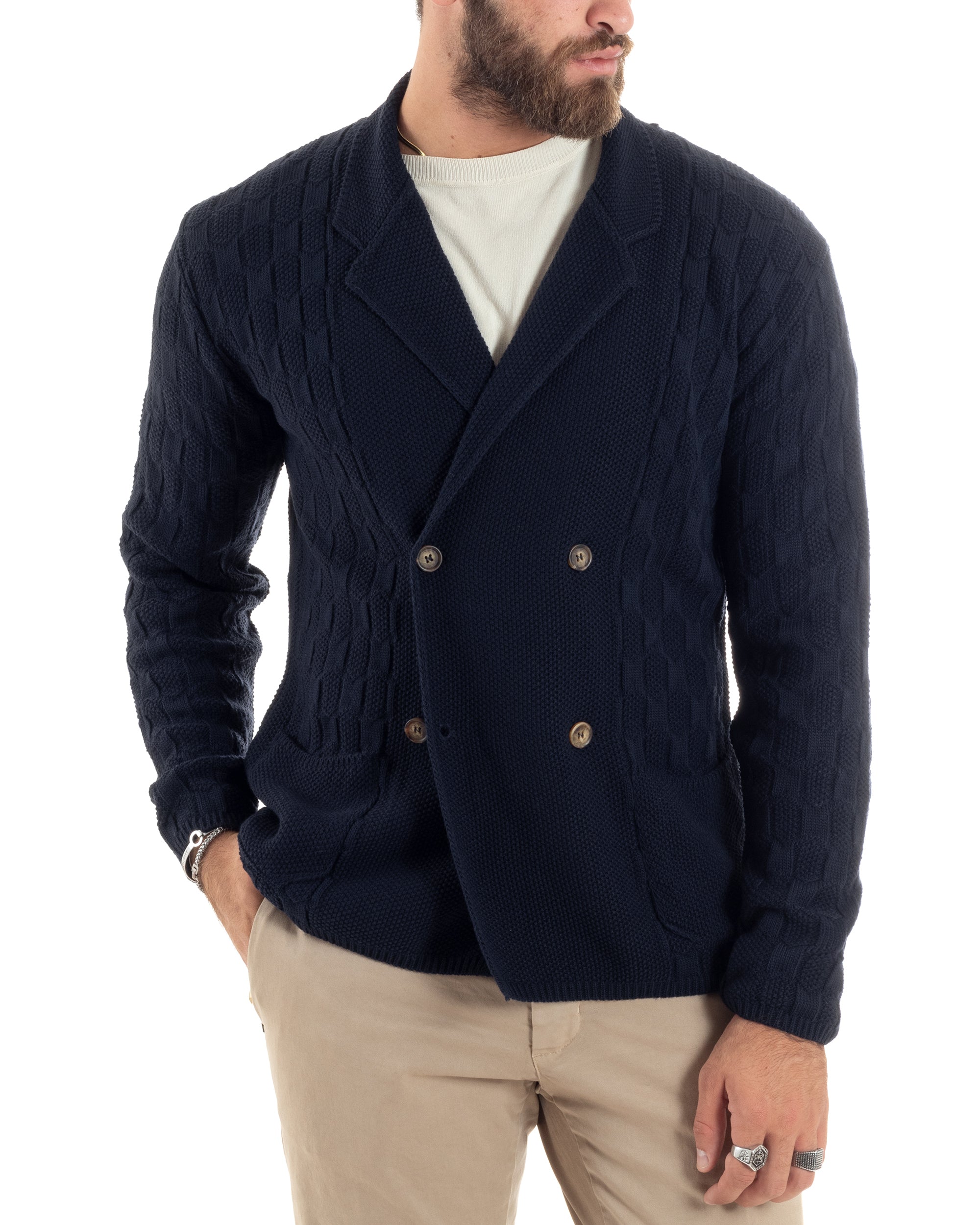 Cardigan Uomo Doppiopetto Giacca Con Bottoni Maglia Lavorata Maglioncino Tramato Casual Blu GIOSAL-M2881A