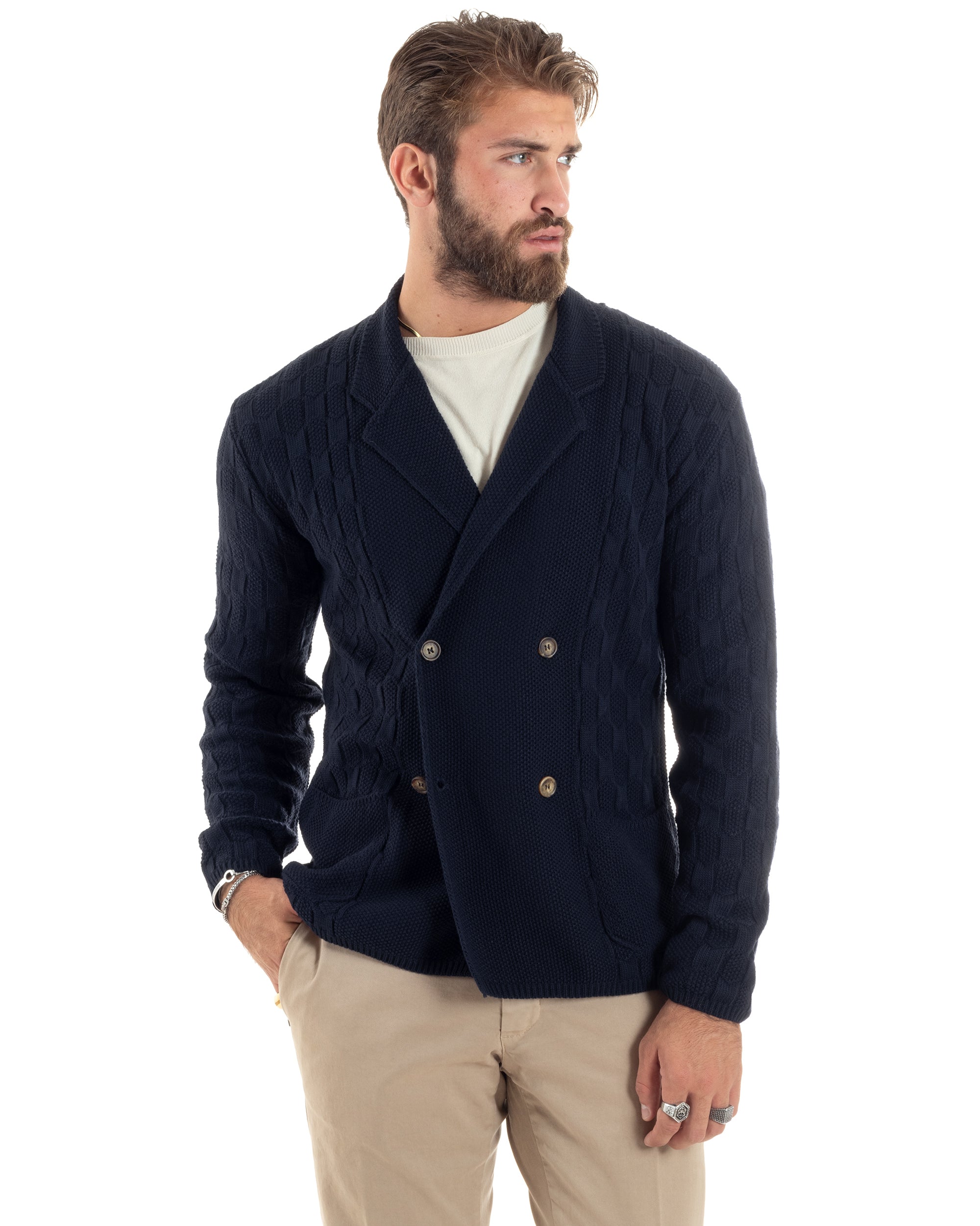 Cardigan Uomo Doppiopetto Giacca Con Bottoni Maglia Lavorata Maglioncino Tramato Casual Blu GIOSAL-M2881A