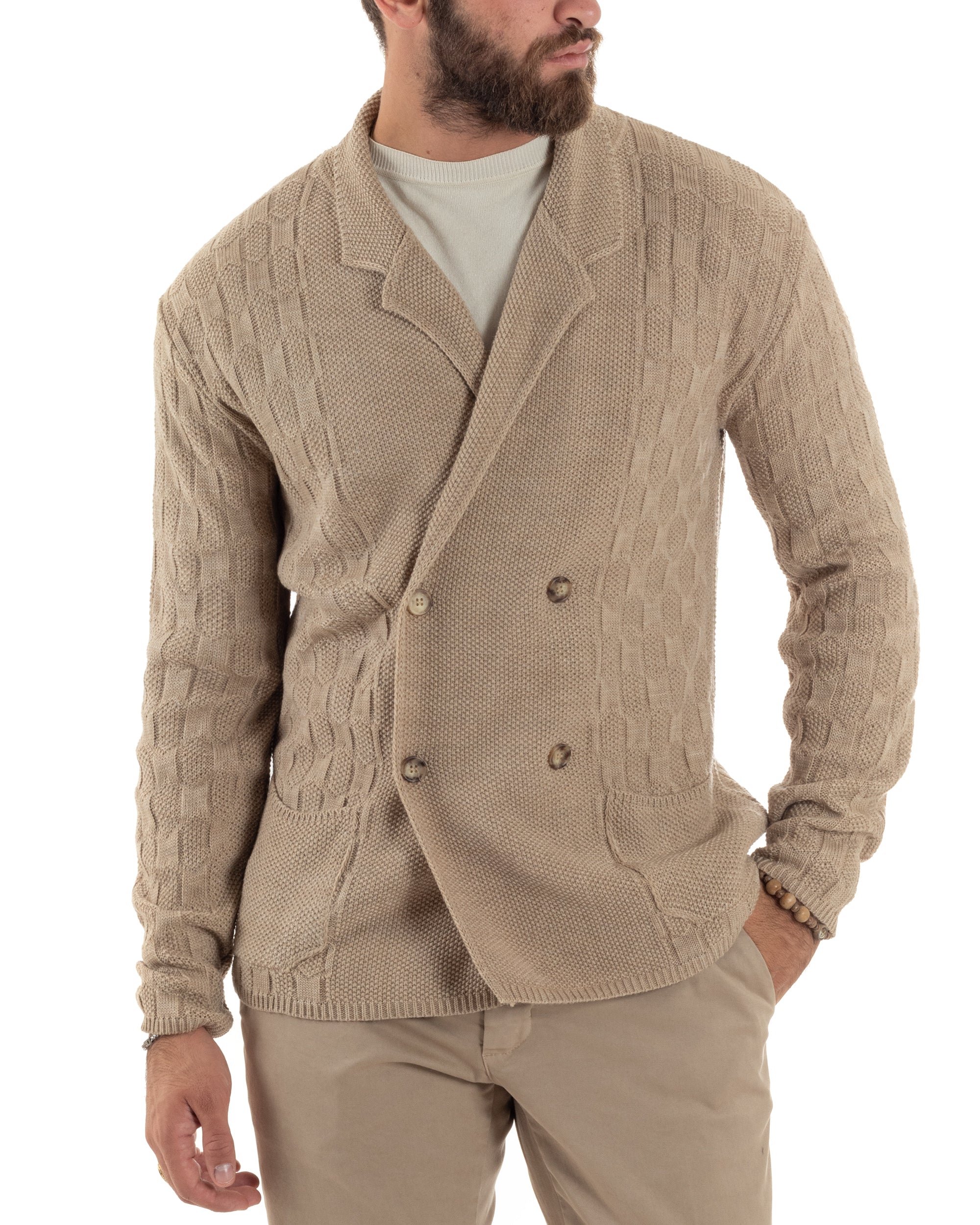 Cardigan Uomo Doppiopetto Giacca Con Bottoni Maglia Lavorata Maglioncino Tramato Casual Beige GIOSAL-M2882A