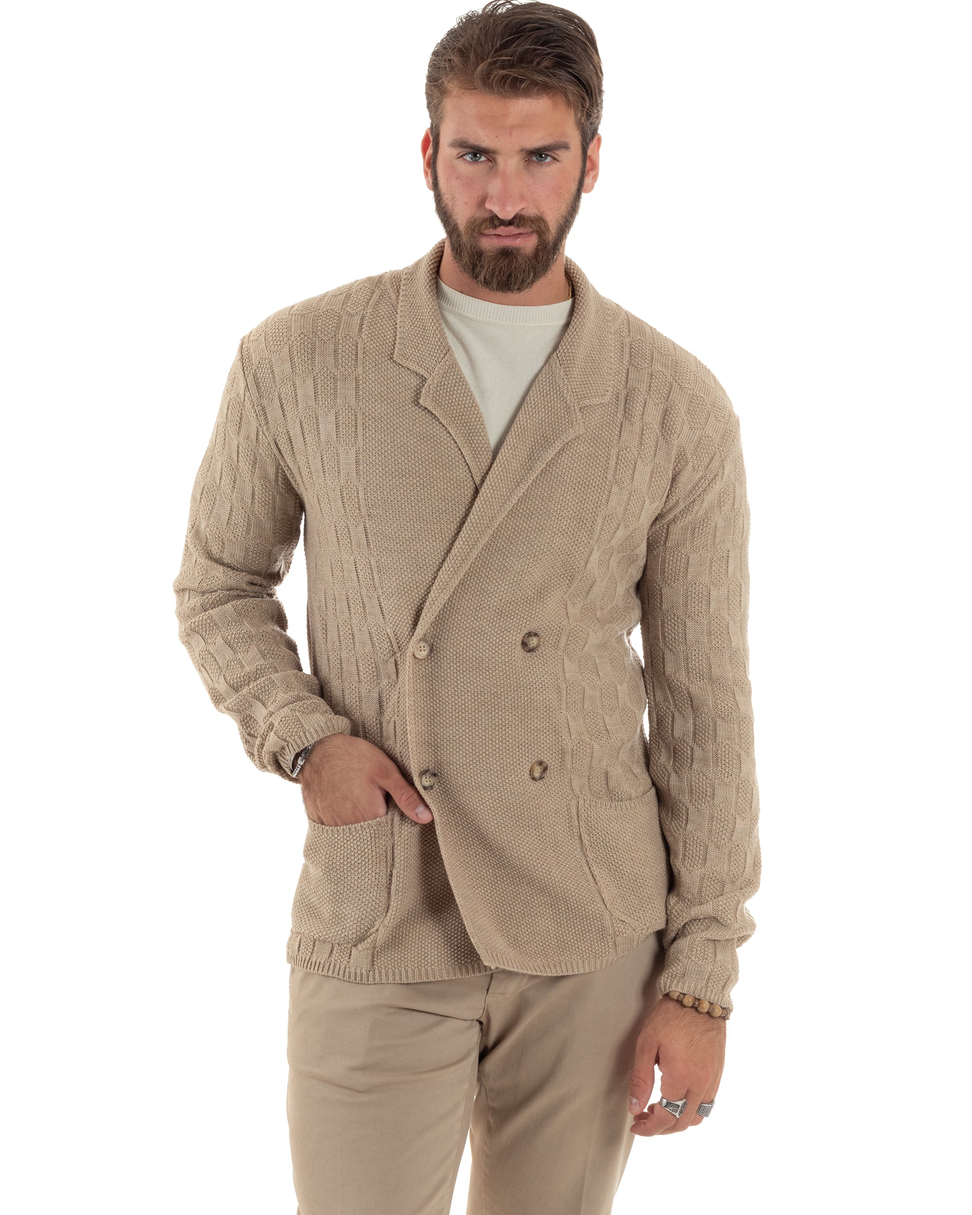 Cardigan Uomo Doppiopetto Giacca Con Bottoni Maglia Lavorata Maglioncino Tramato Casual Beige GIOSAL-M2882A