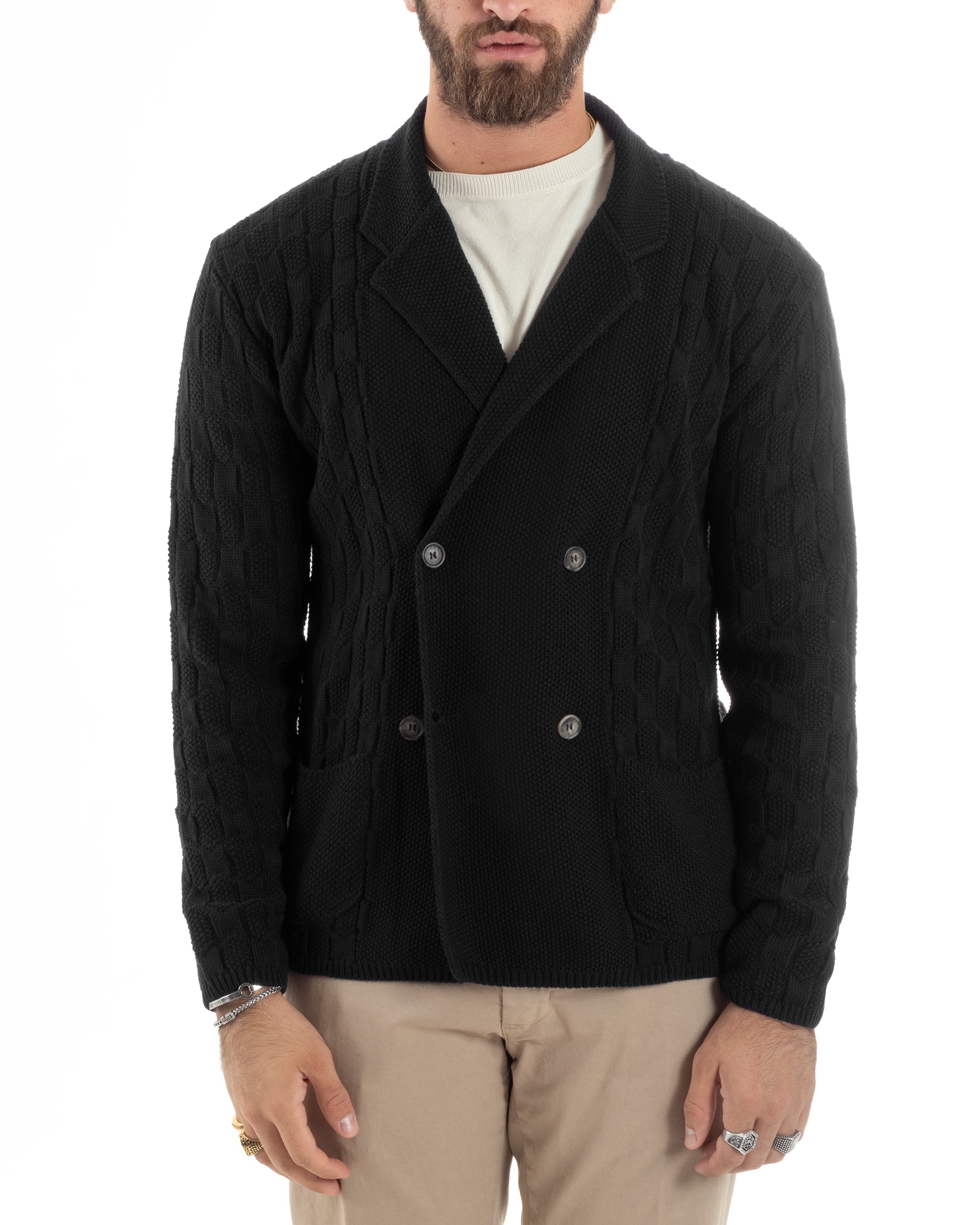 Cardigan Uomo Doppiopetto Giacca Con Bottoni Maglia Lavorata Maglioncino Tramato Casual Nero GIOSAL-M2883A