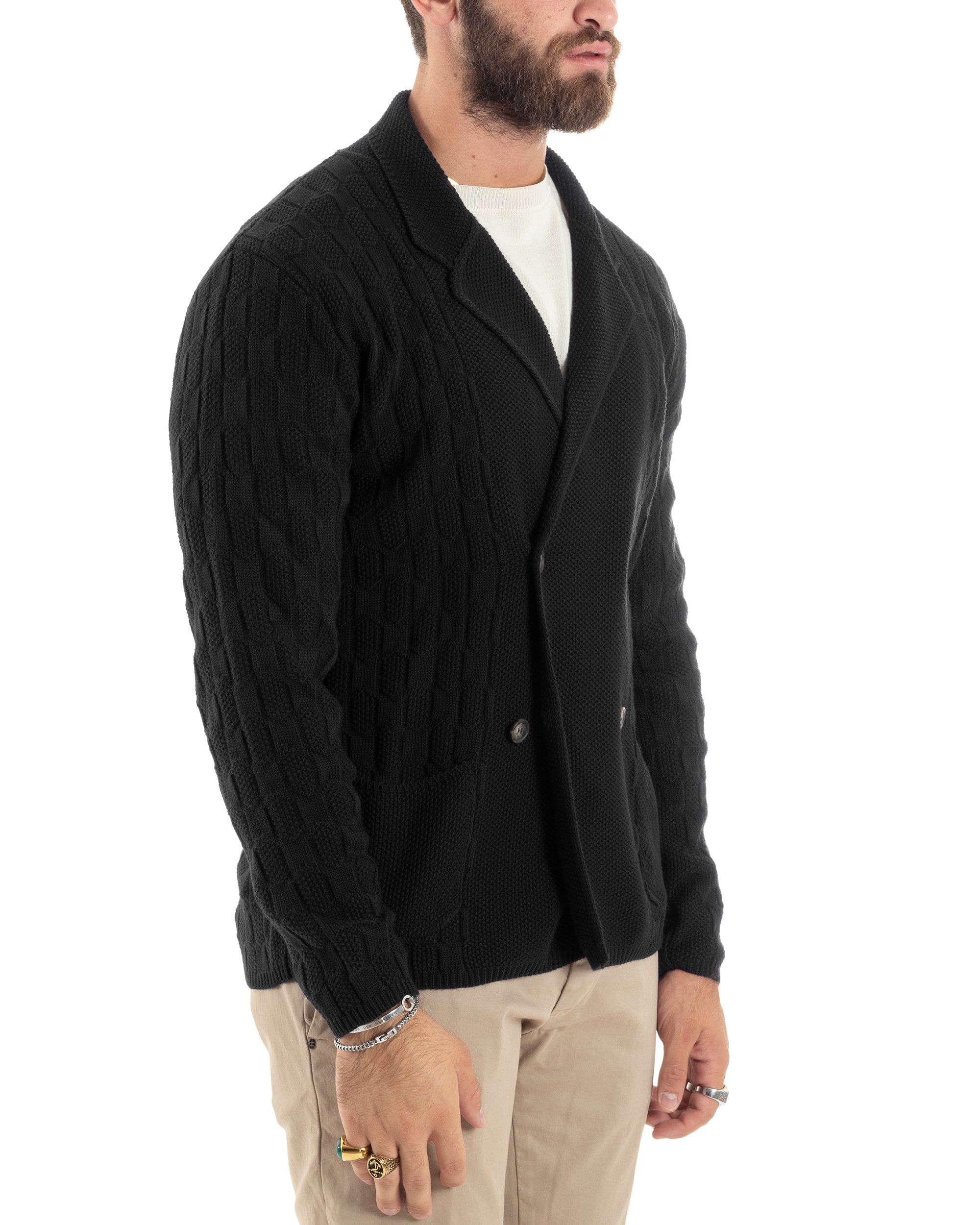 Cardigan Uomo Doppiopetto Giacca Con Bottoni Maglia Lavorata Maglioncino Tramato Casual Nero GIOSAL-M2883A