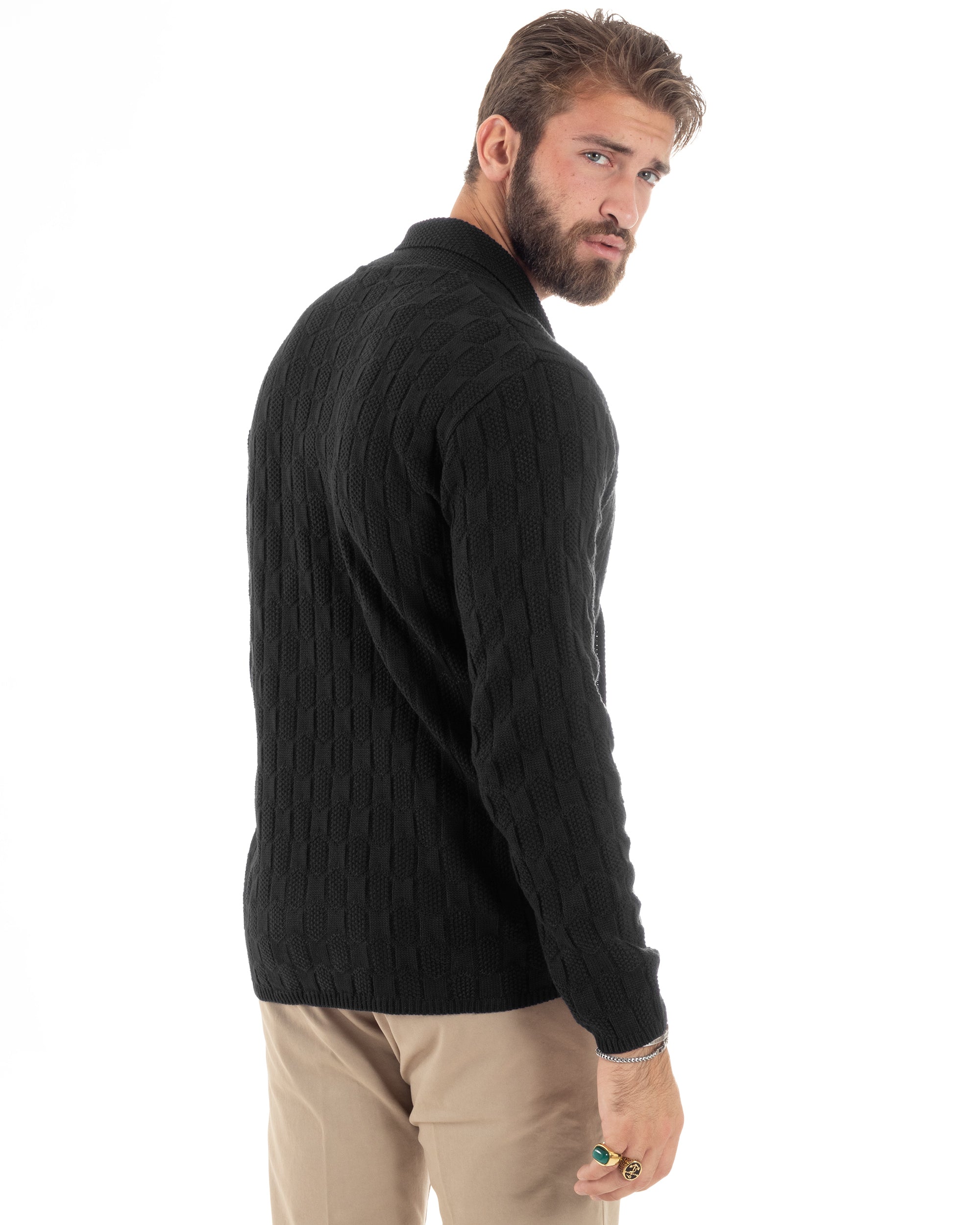 Cardigan Uomo Doppiopetto Giacca Con Bottoni Maglia Lavorata Maglioncino Tramato Casual Nero GIOSAL-M2883A