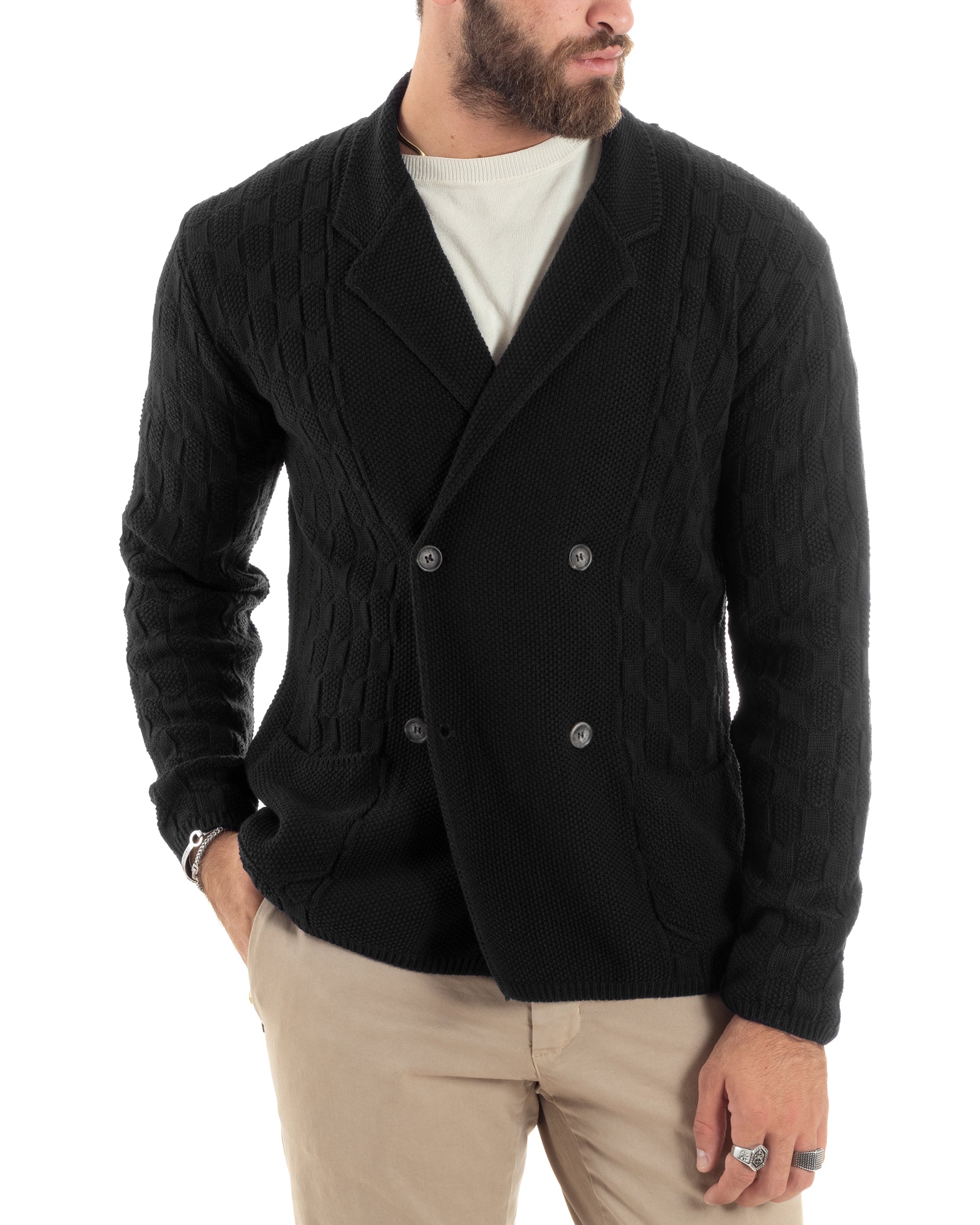 Cardigan Uomo Doppiopetto Giacca Con Bottoni Maglia Lavorata Maglioncino Tramato Casual Nero GIOSAL-M2883A