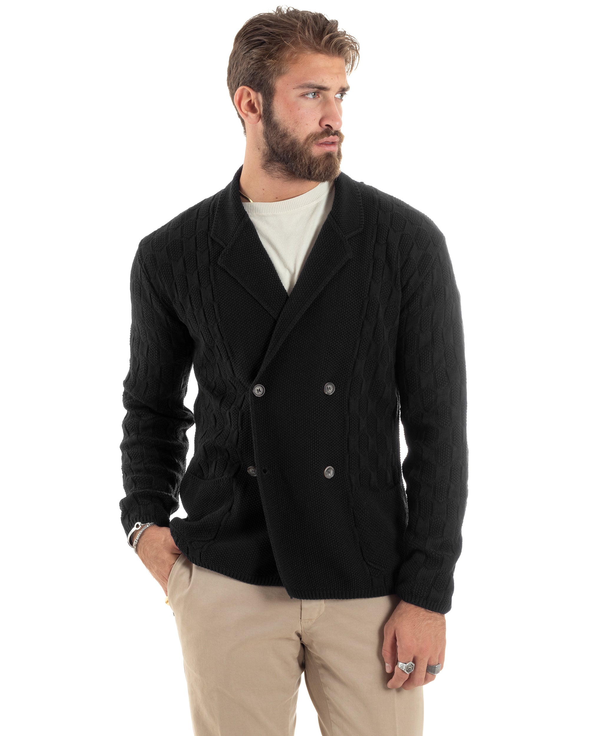 Cardigan Uomo Doppiopetto Giacca Con Bottoni Maglia Lavorata Maglioncino Tramato Casual Nero GIOSAL-M2883A