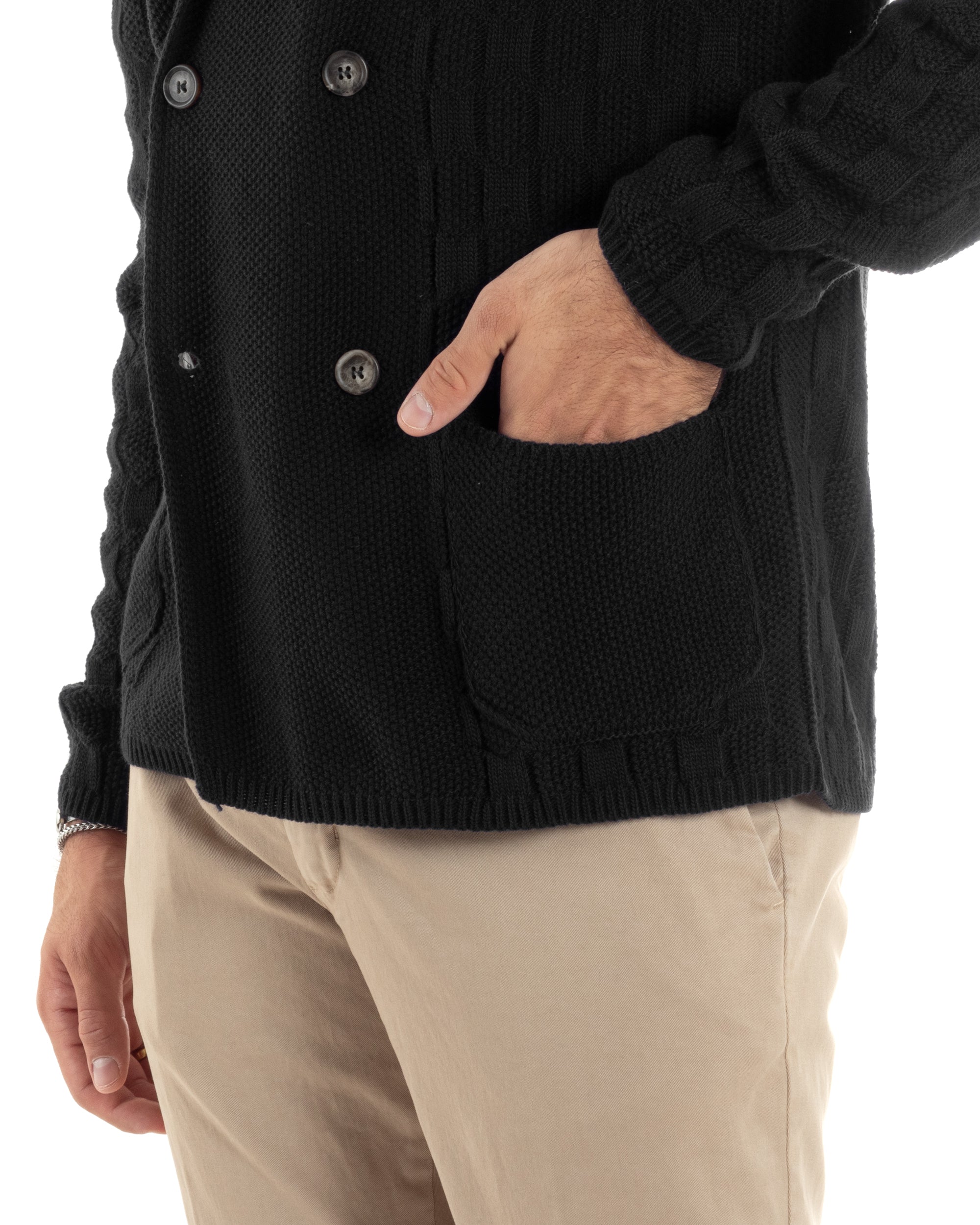 Cardigan Uomo Doppiopetto Giacca Con Bottoni Maglia Lavorata Maglioncino Tramato Casual Nero GIOSAL-M2883A