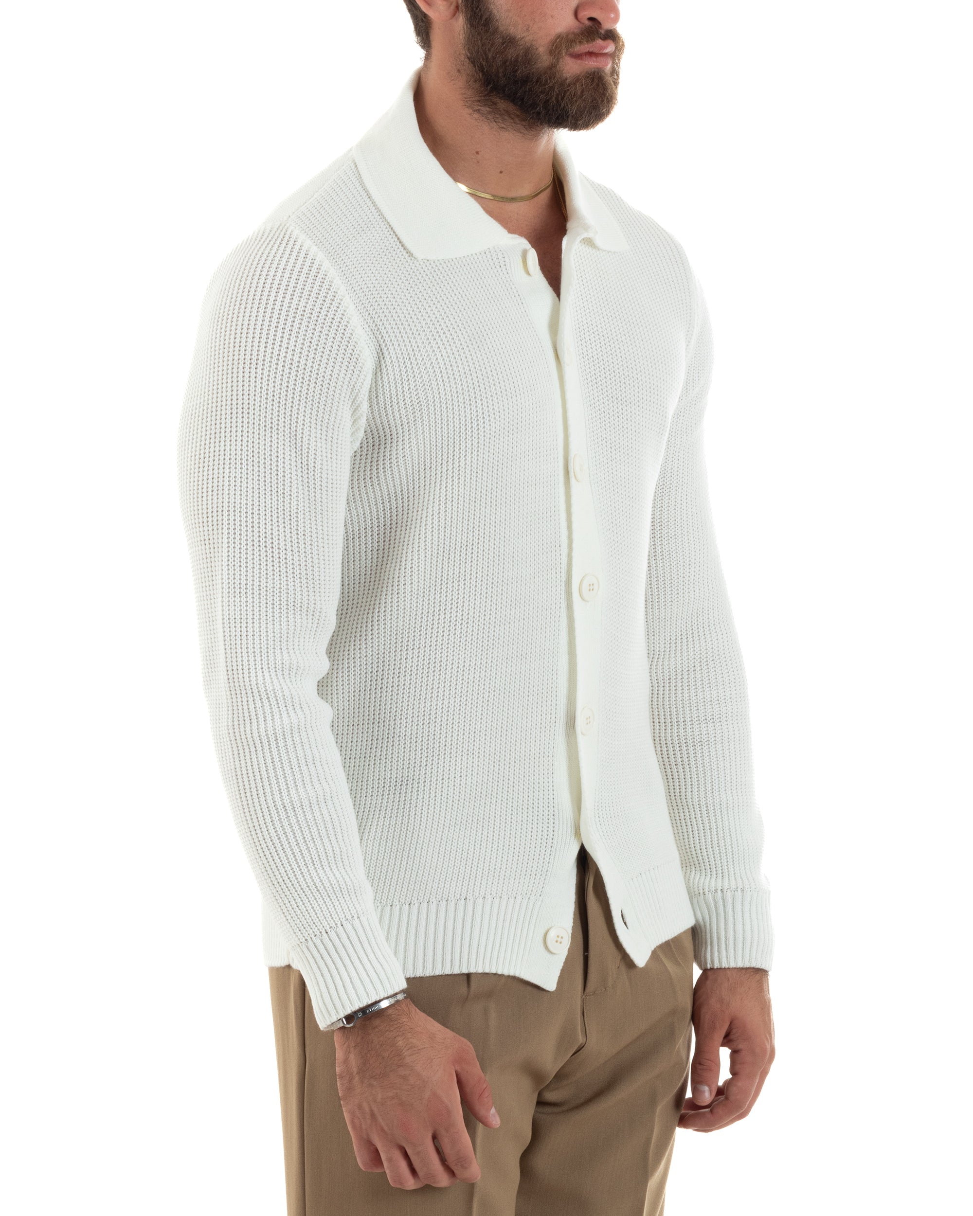 Cardigan Maglioncino Uomo Con Colletto Polo Con Bottoni Maglia Inglese Casual Basic Tinta Unita Panna GIOSAL-M2884A