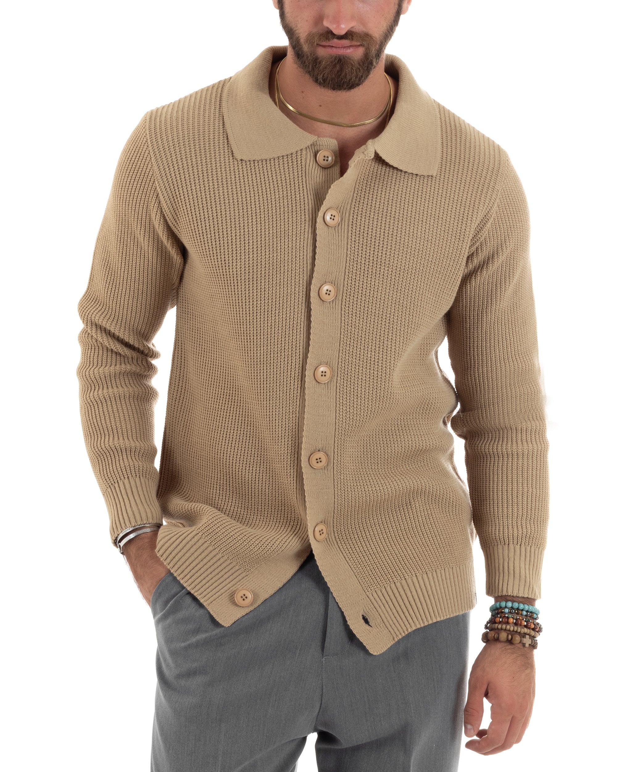 Cardigan Maglioncino Uomo Con Colletto Polo Con Bottoni Maglia Inglese Casual Basic Tinta Unita Beige GIOSAL-M2886A