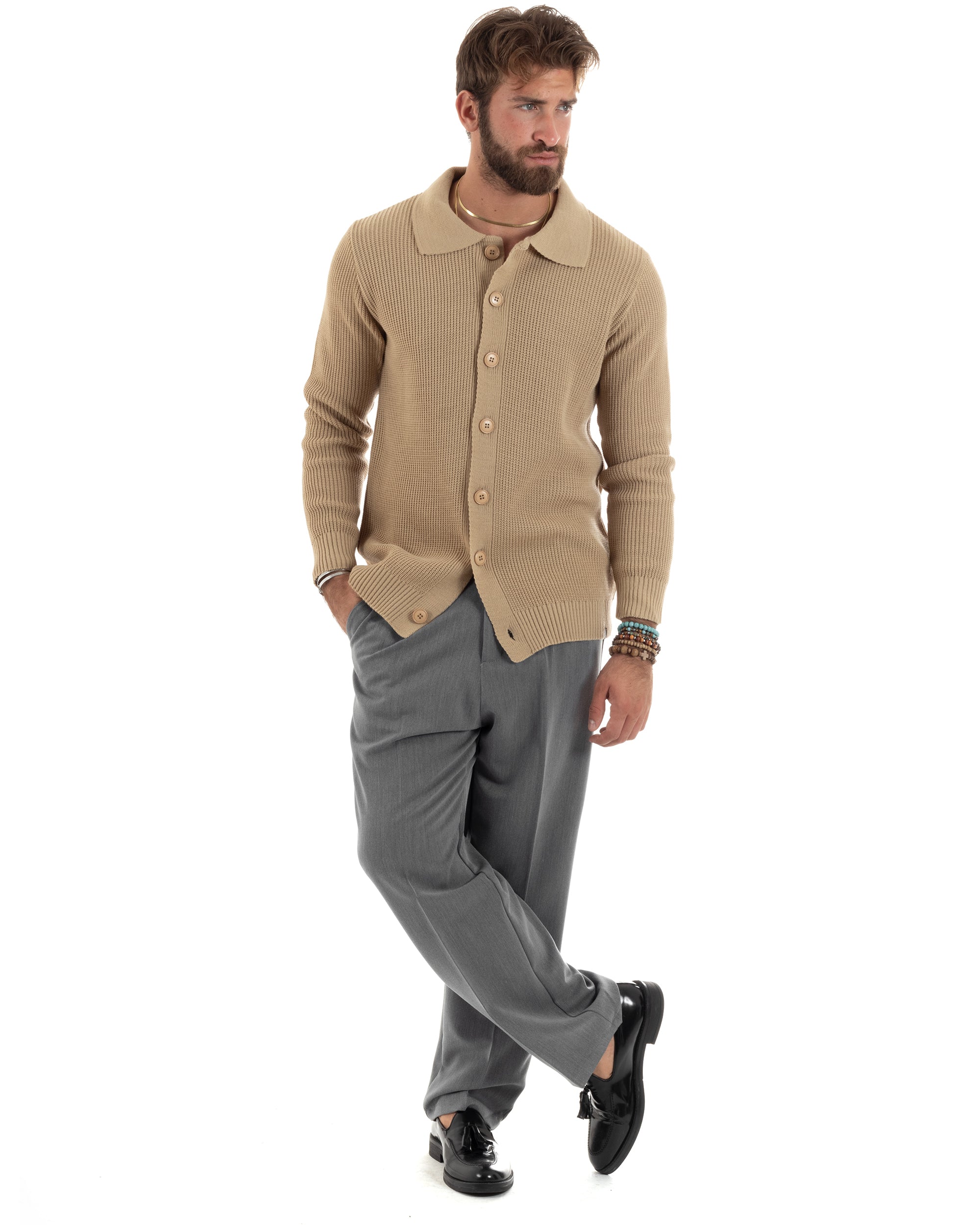 Cardigan Maglioncino Uomo Con Colletto Polo Con Bottoni Maglia Inglese Casual Basic Tinta Unita Beige GIOSAL-M2886A