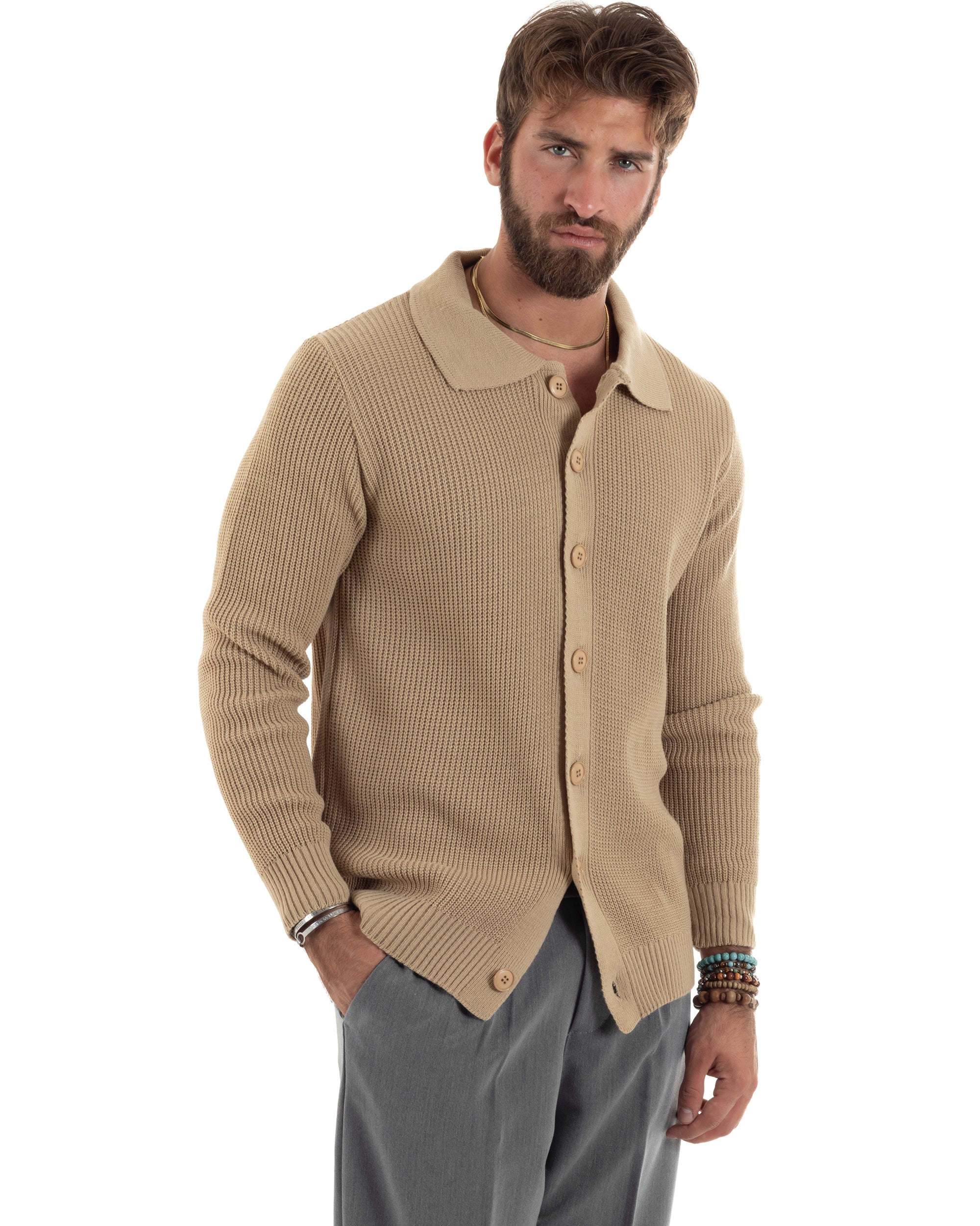 Cardigan Maglioncino Uomo Con Colletto Polo Con Bottoni Maglia Inglese Casual Basic Tinta Unita Beige GIOSAL-M2886A