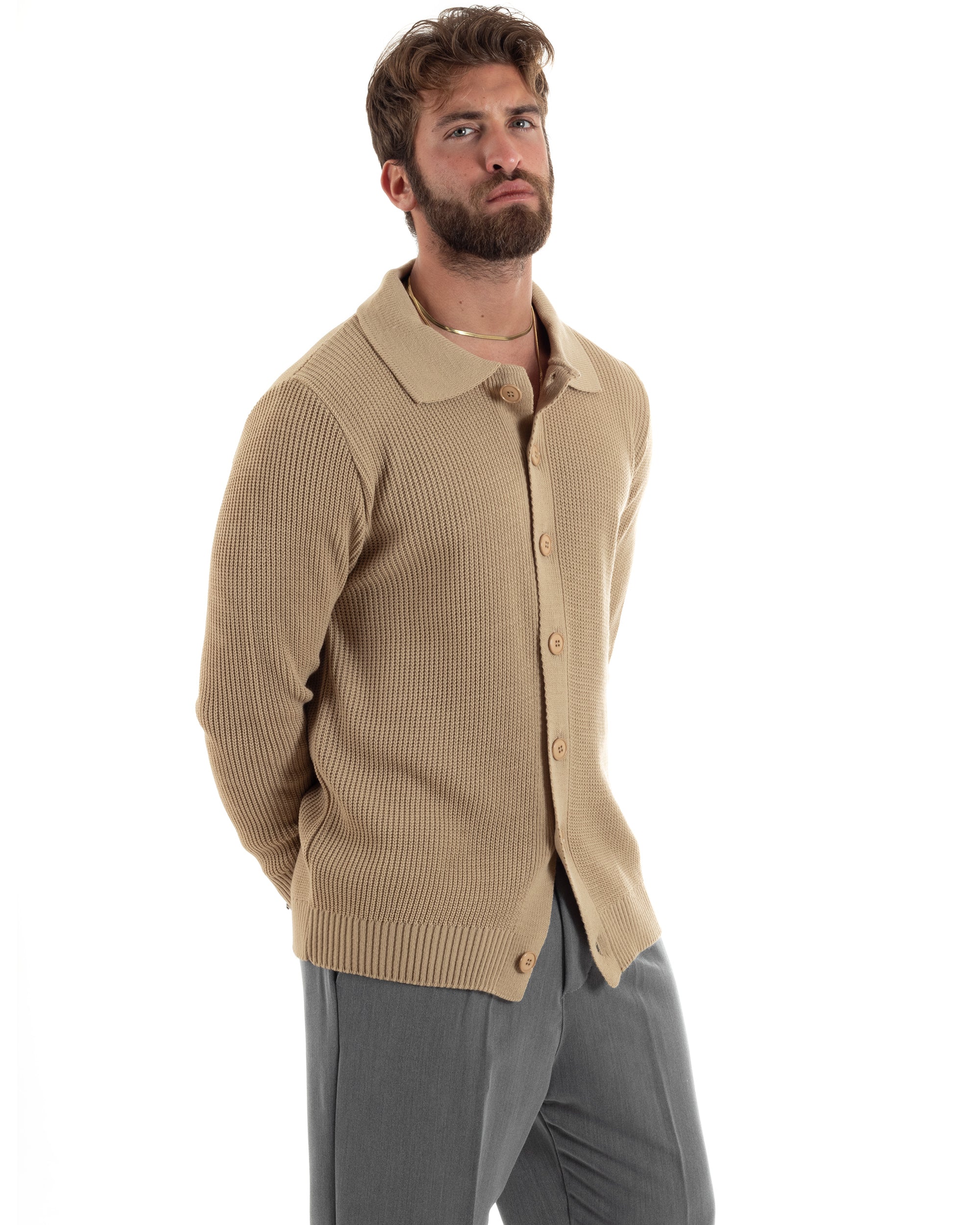 Cardigan Maglioncino Uomo Con Colletto Polo Con Bottoni Maglia Inglese Casual Basic Tinta Unita Beige GIOSAL-M2886A