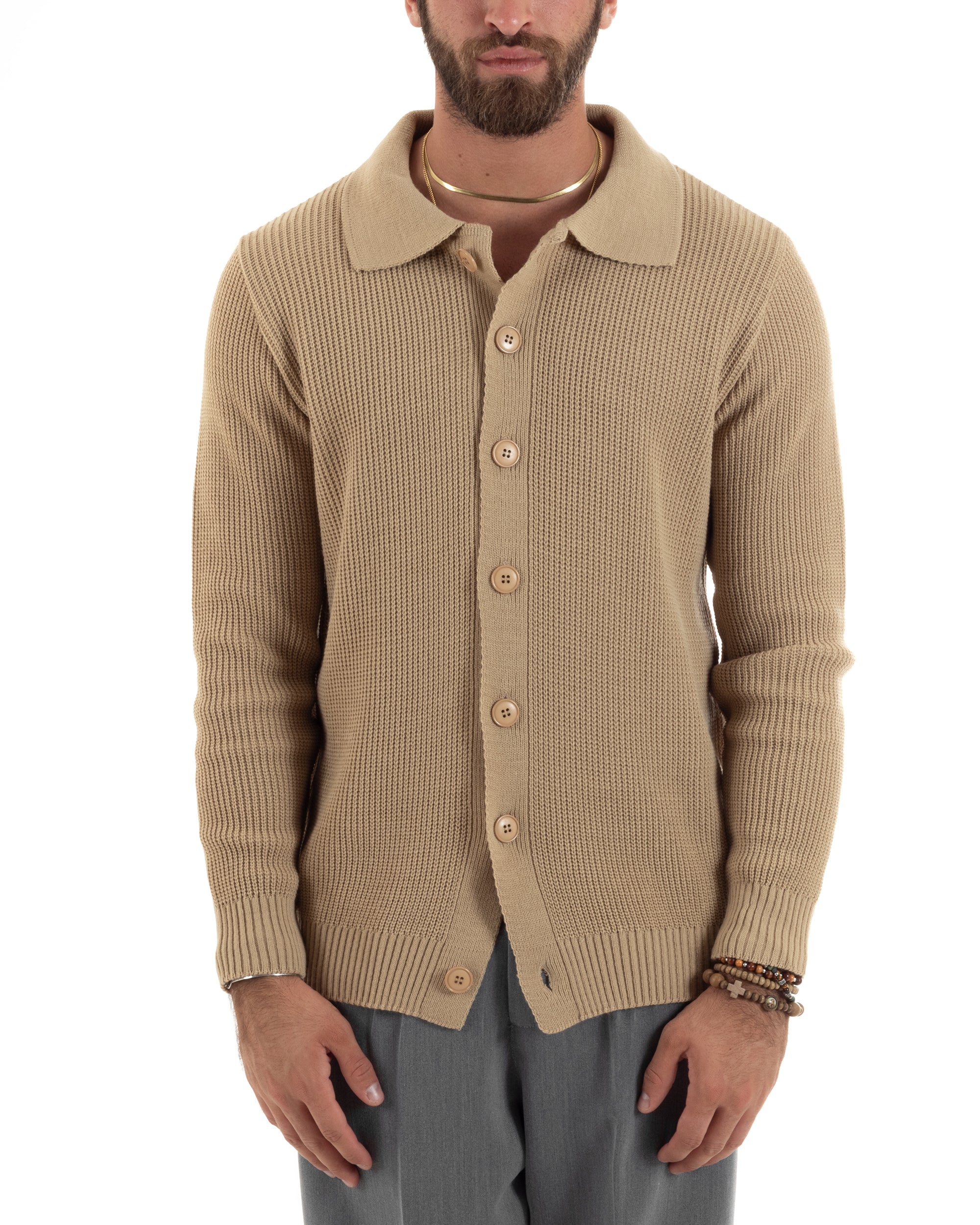 Cardigan Maglioncino Uomo Con Colletto Polo Con Bottoni Maglia Inglese Casual Basic Tinta Unita Beige GIOSAL-M2886A