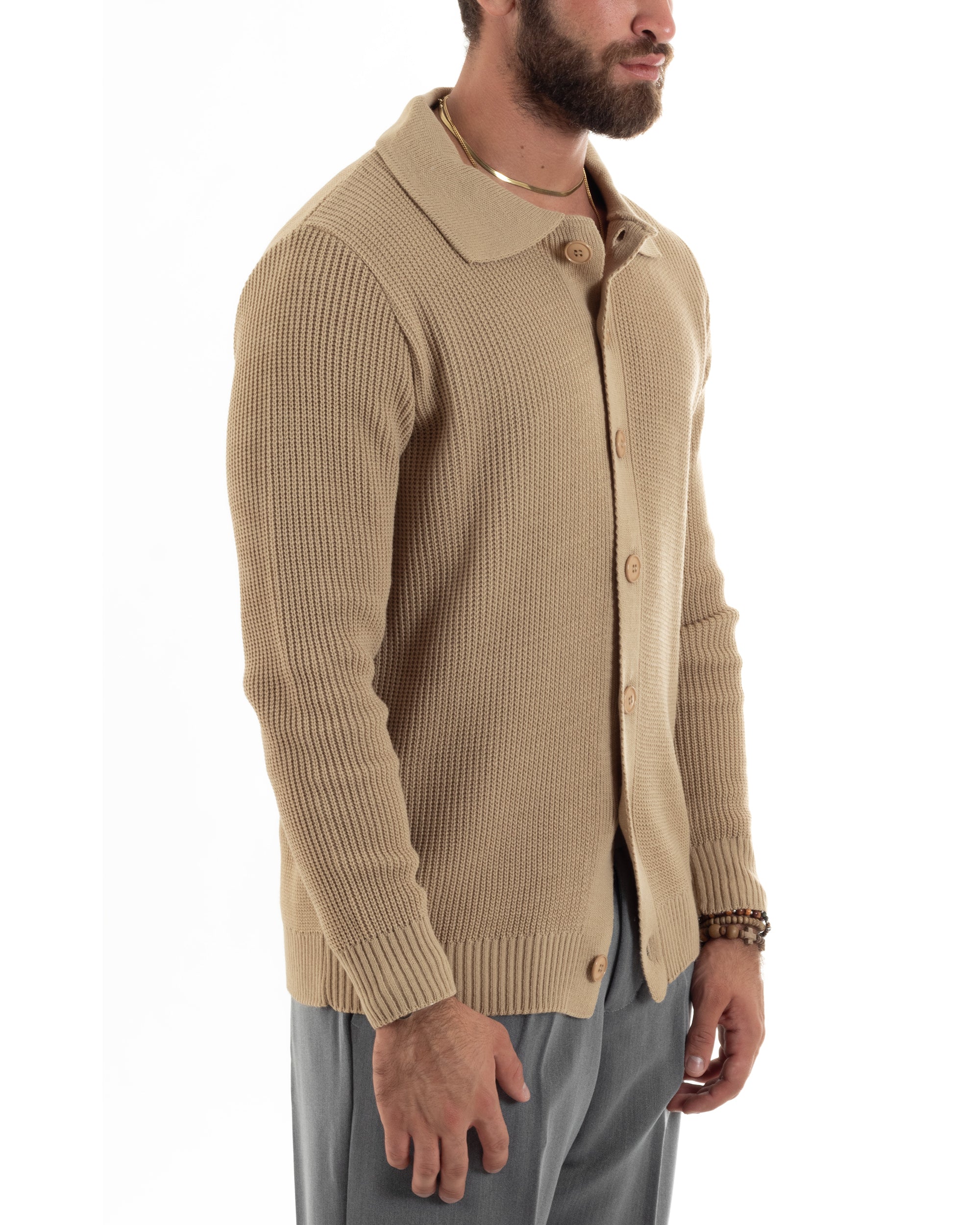 Cardigan Maglioncino Uomo Con Colletto Polo Con Bottoni Maglia Inglese Casual Basic Tinta Unita Beige GIOSAL-M2886A