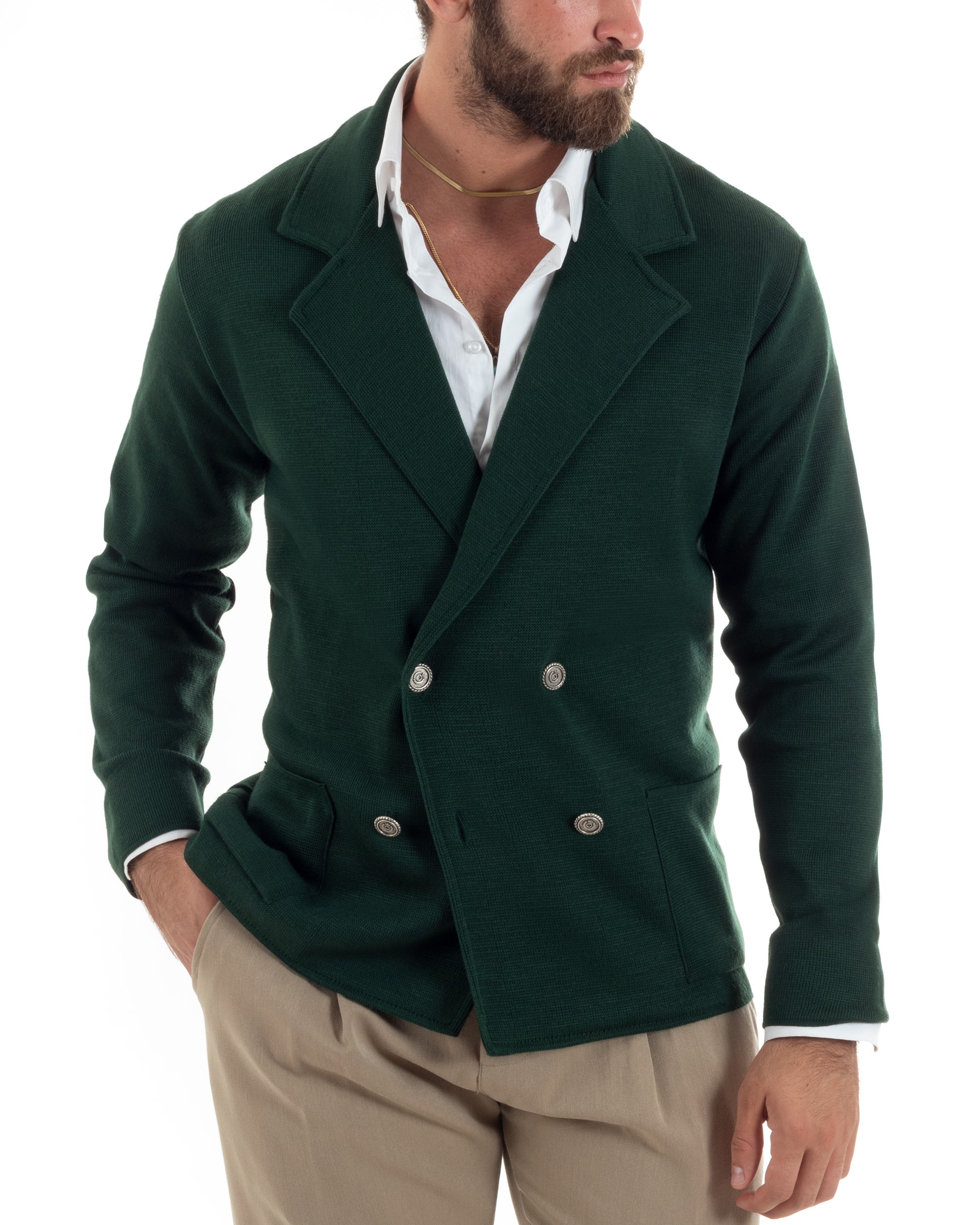 Cardigan Uomo Doppiopetto Giacca Con Bottoni In Metallo Maglia Lavorata Links Maglioncino Casual Verde Bottiglia GIOSAL-M2891A