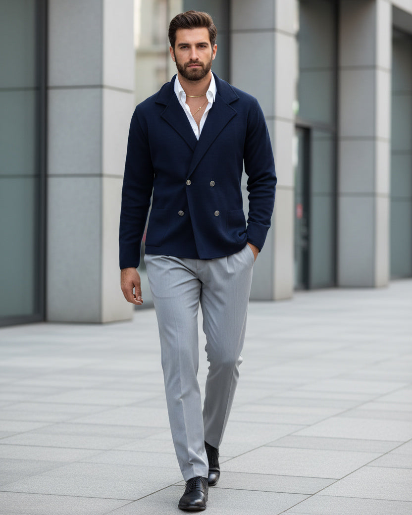  Dettaglio bottoni metallici doppiopetto cardigan blu maglia uomo