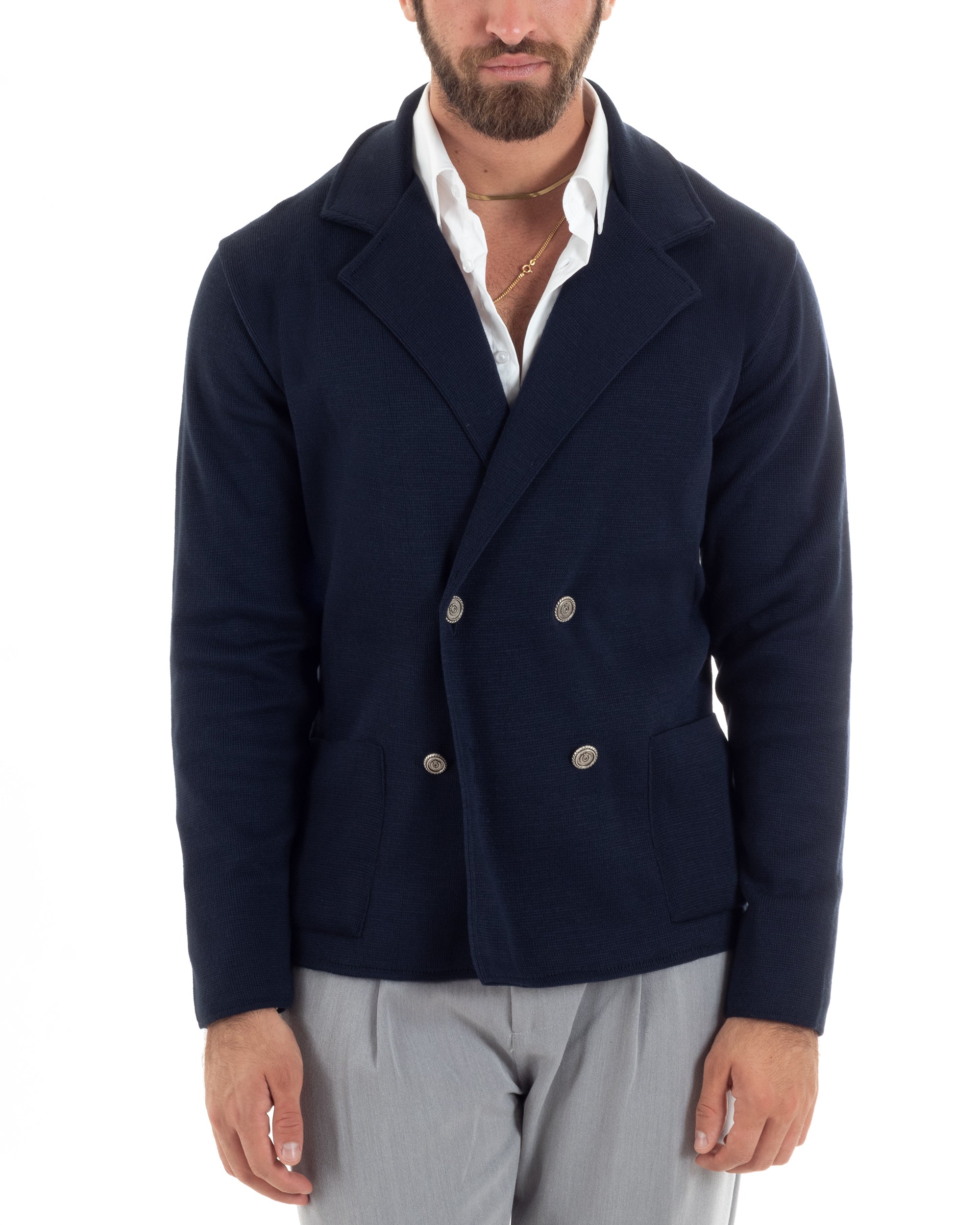 Cardigan Uomo Doppiopetto Giacca Con Bottoni In Metallo Maglia Lavorata Links Maglioncino Casual Blu GIOSAL-M2892A