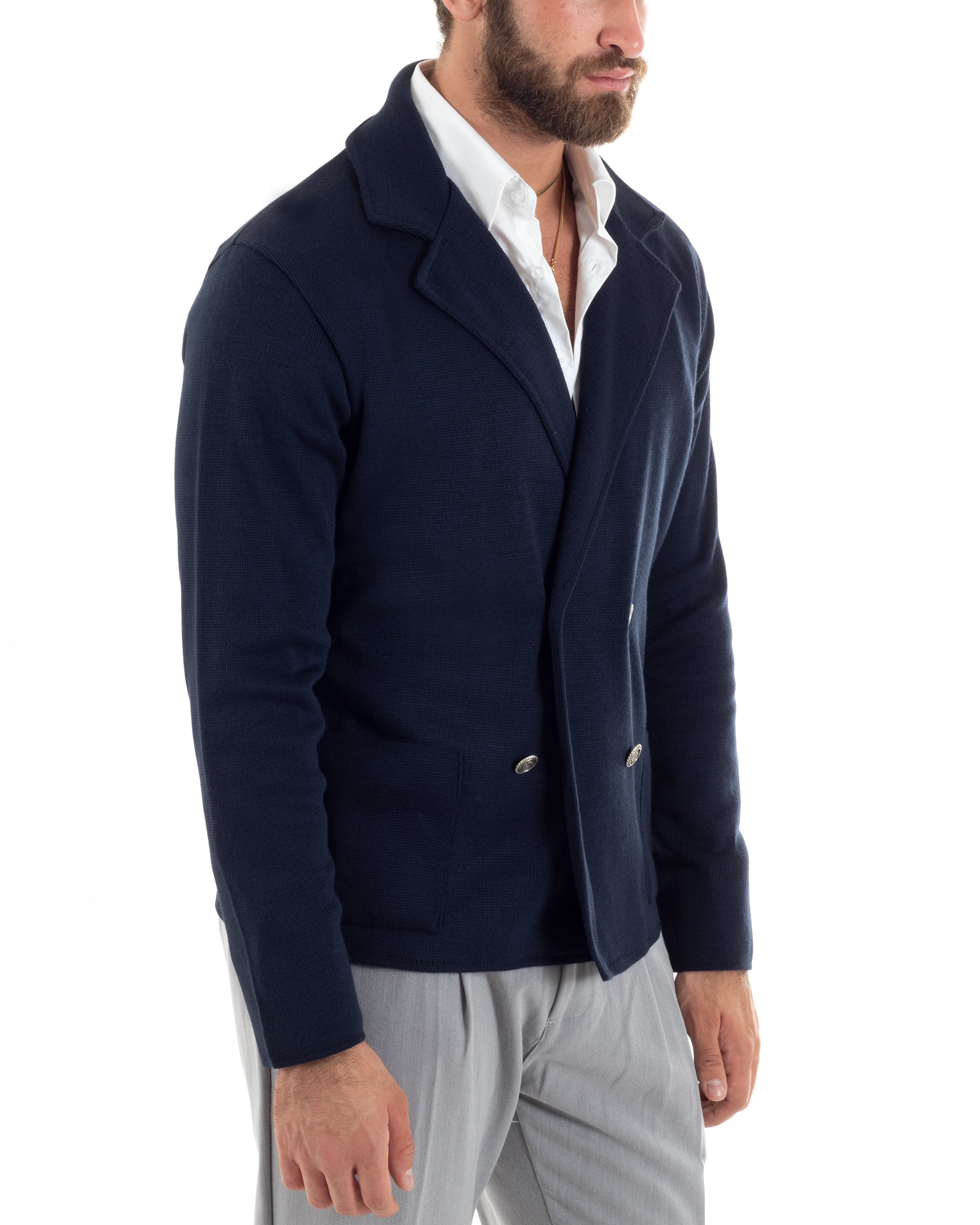 Cardigan Uomo Doppiopetto Giacca Con Bottoni In Metallo Maglia Lavorata Links Maglioncino Casual Blu GIOSAL-M2892A