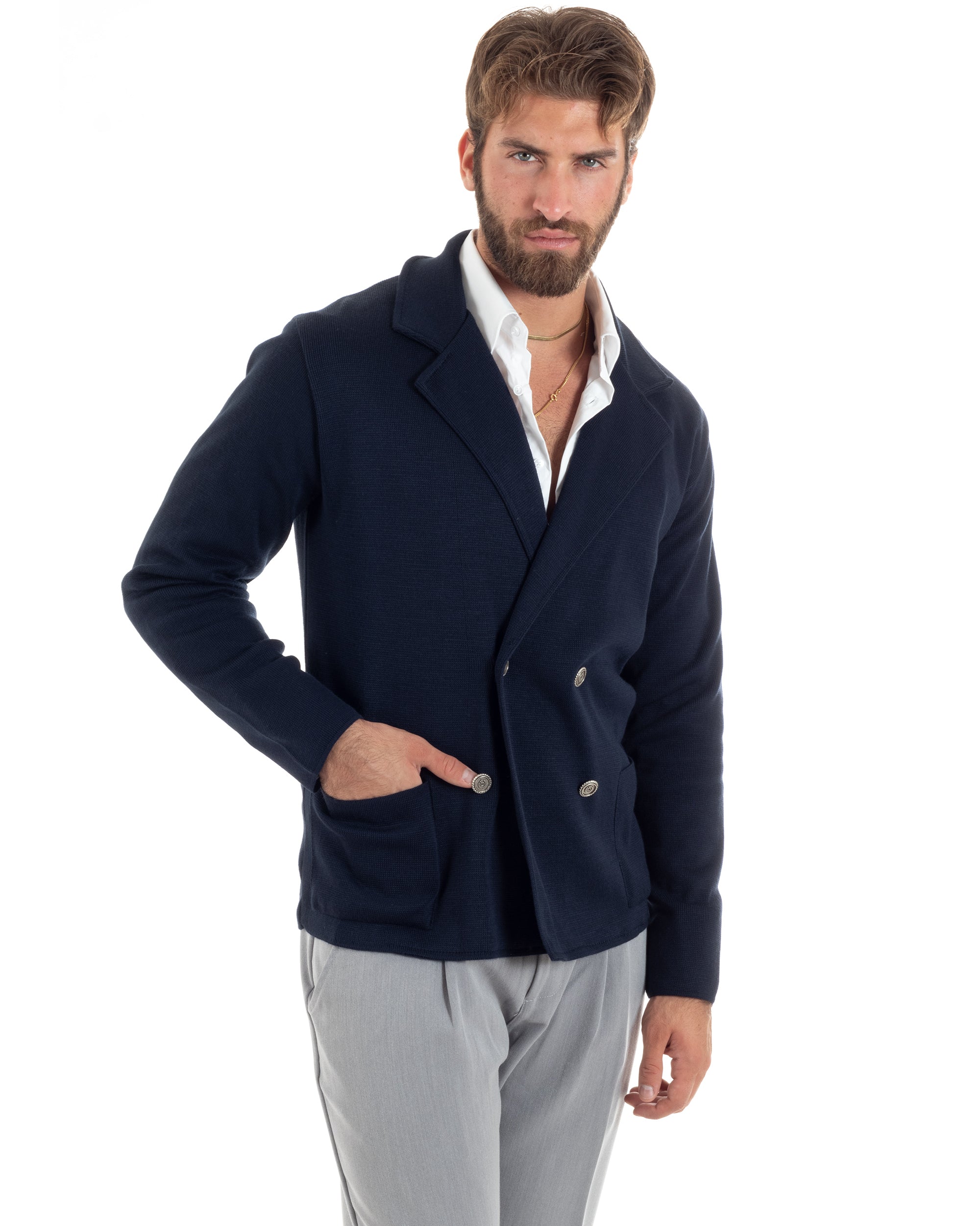 Cardigan Uomo Doppiopetto Giacca Con Bottoni In Metallo Maglia Lavorata Links Maglioncino Casual Blu GIOSAL-M2892A