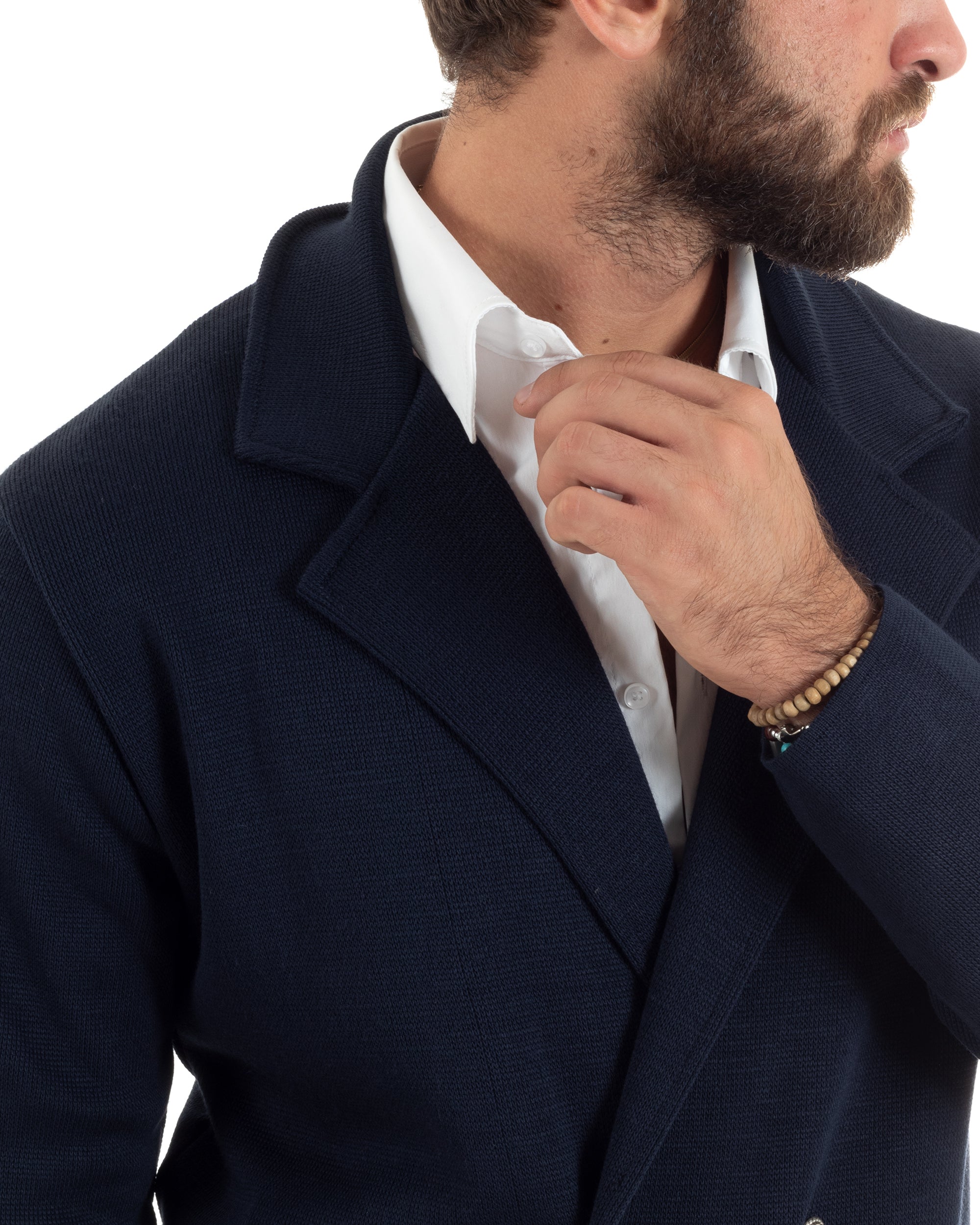 Cardigan Uomo Doppiopetto Giacca Con Bottoni In Metallo Maglia Lavorata Links Maglioncino Casual Blu GIOSAL-M2892A