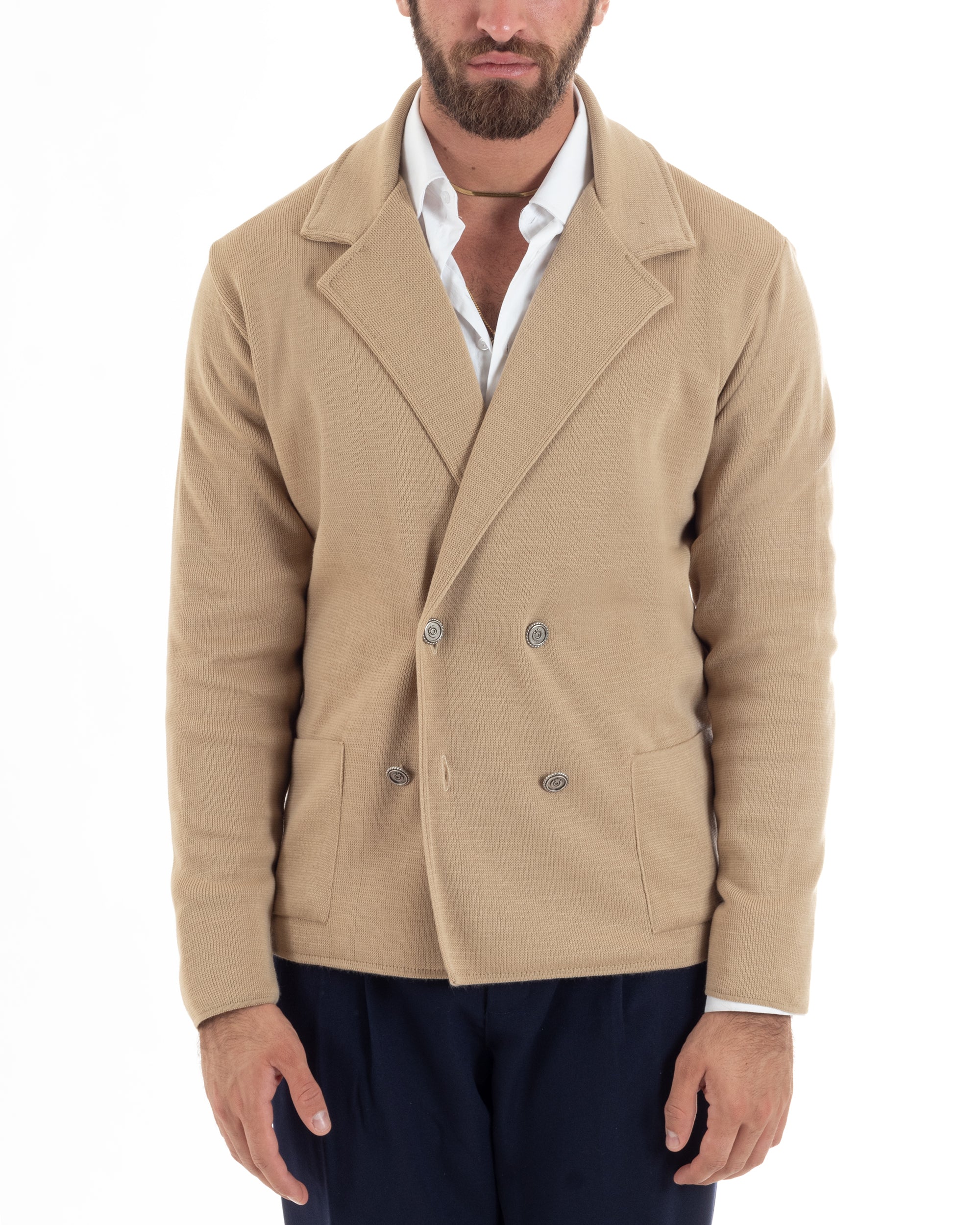 Cardigan Uomo Doppiopetto Giacca Con Bottoni In Metallo Maglia Lavorata Links Maglioncino Casual Beige GIOSAL-M2893A