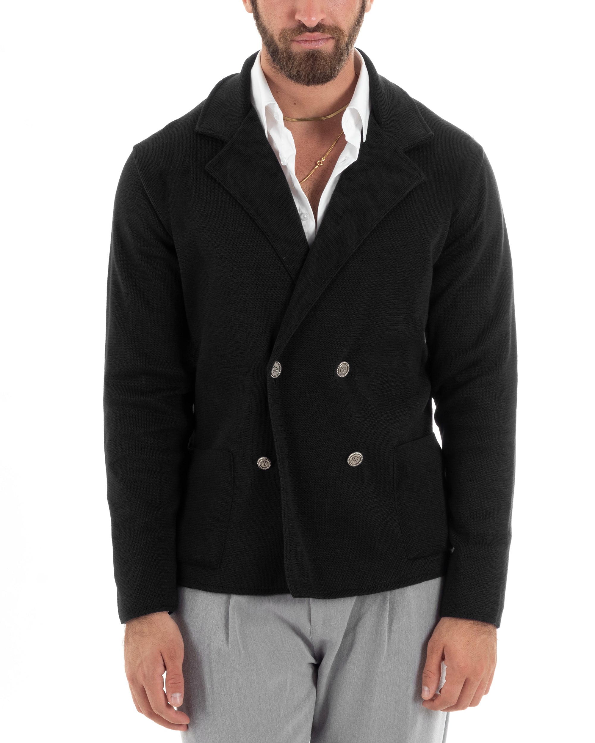 Cardigan Uomo Doppiopetto Giacca Con Bottoni In Metallo Maglia Lavorata Links Maglioncino Casual Nero GIOSAL-M2894A