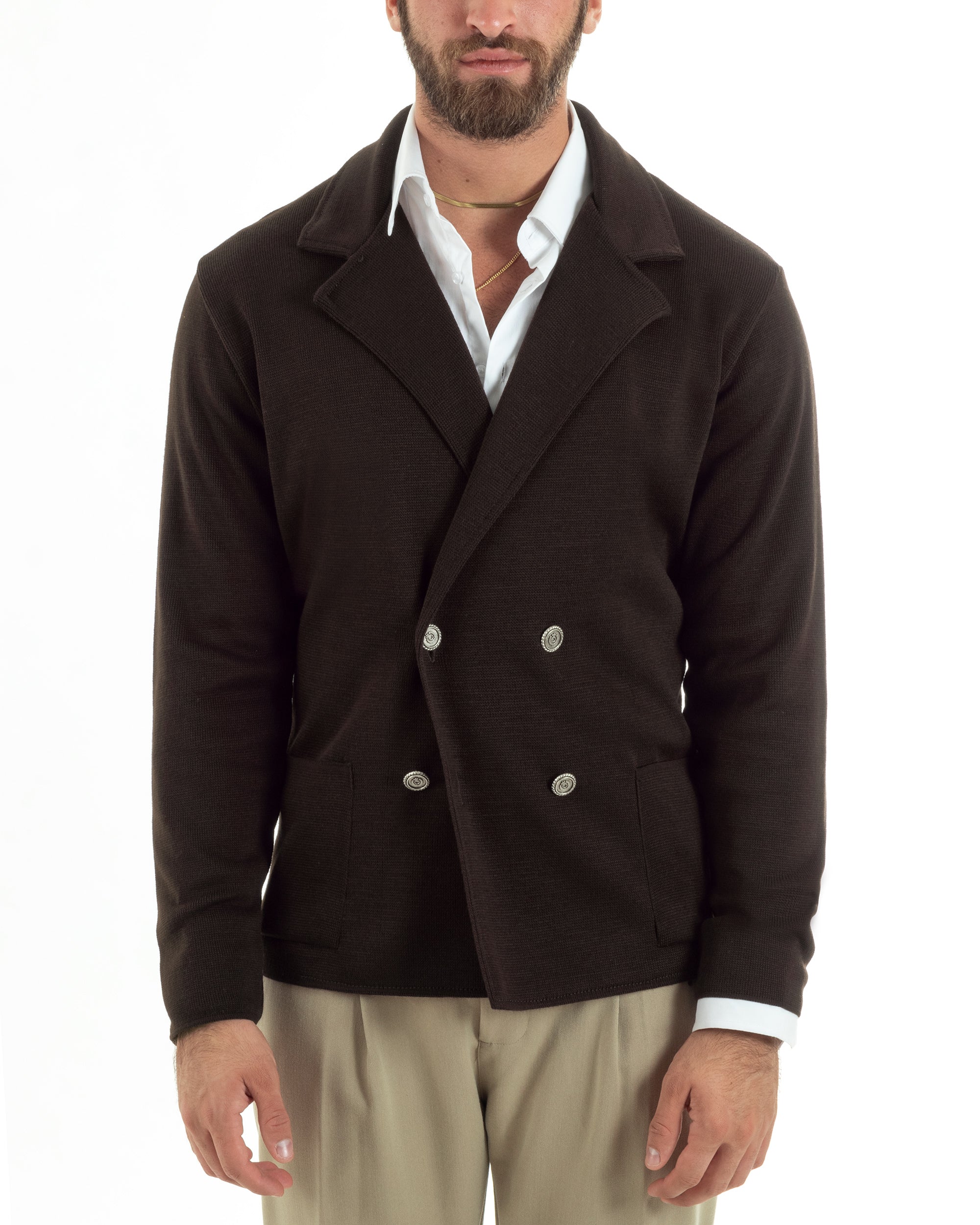 Cardigan Uomo Doppiopetto Giacca Con Bottoni In Metallo Maglia Lavorata Links Maglioncino Casual Marrone GIOSAL-M2896A