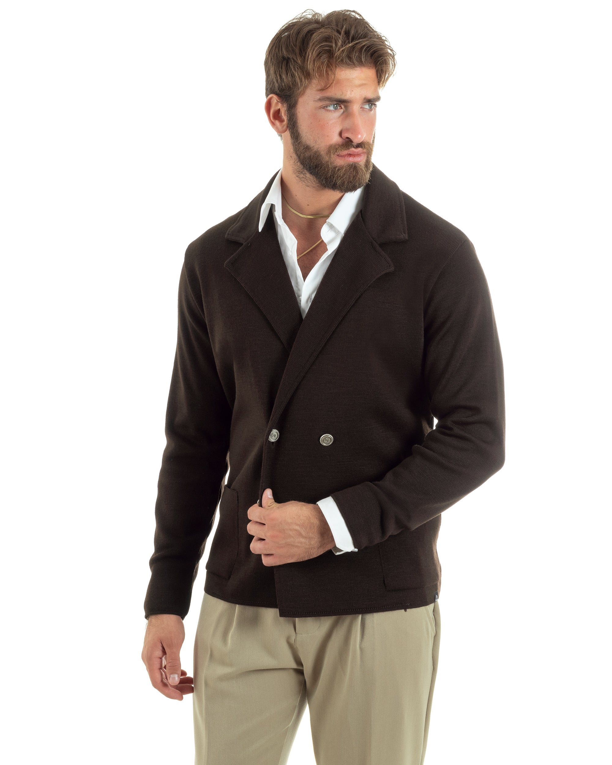 Cardigan Uomo Doppiopetto Giacca Con Bottoni In Metallo Maglia Lavorata Links Maglioncino Casual Marrone GIOSAL-M2896A