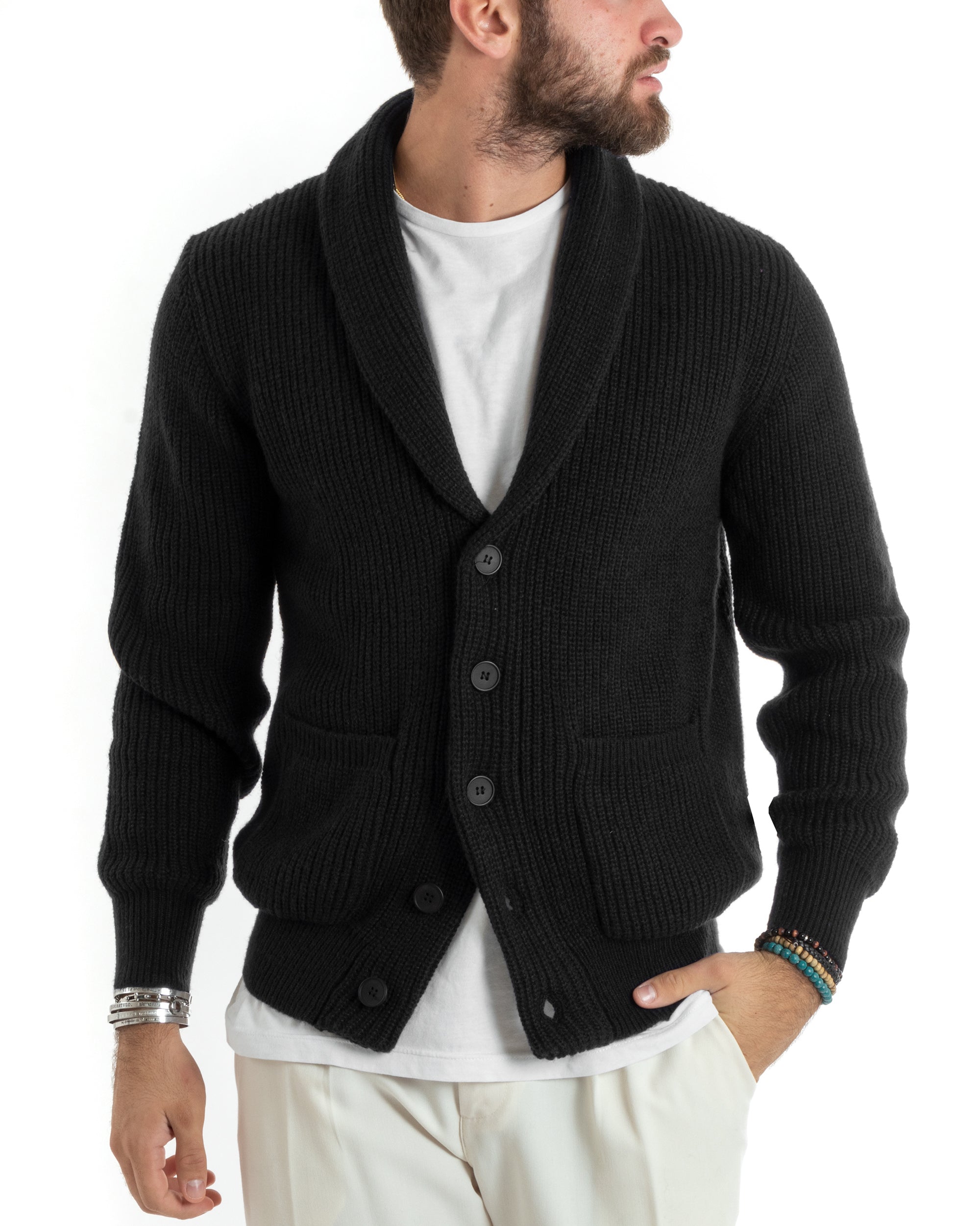 Cardigan Uomo Giacca Con Bottoni Maglia Con Tasche A Toppa Maglioncino Collo A Scialle Casual Nero GIOSAL-M2918A