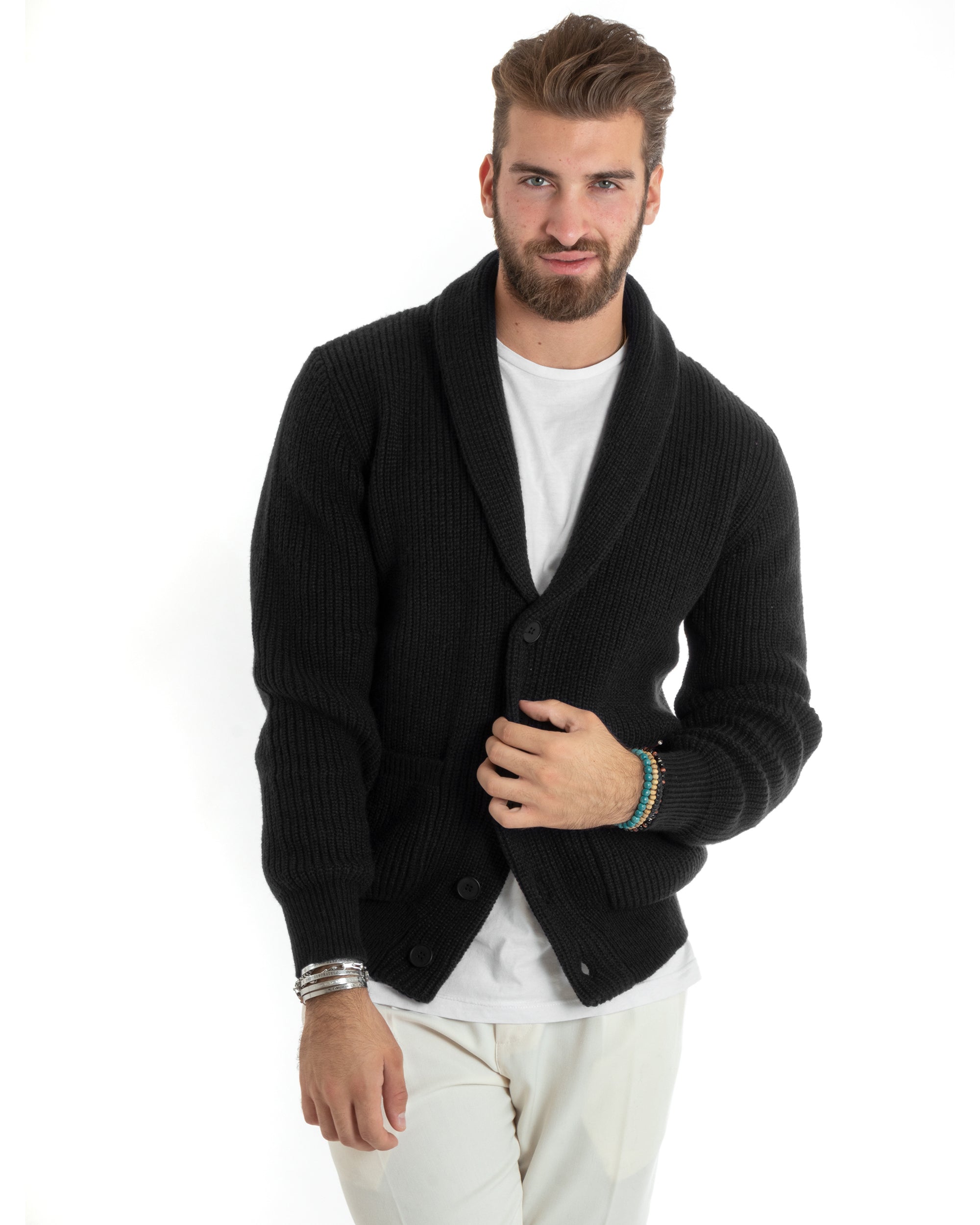 Cardigan Uomo Giacca Con Bottoni Maglia Con Tasche A Toppa Maglioncino Collo A Scialle Casual Nero GIOSAL-M2918A