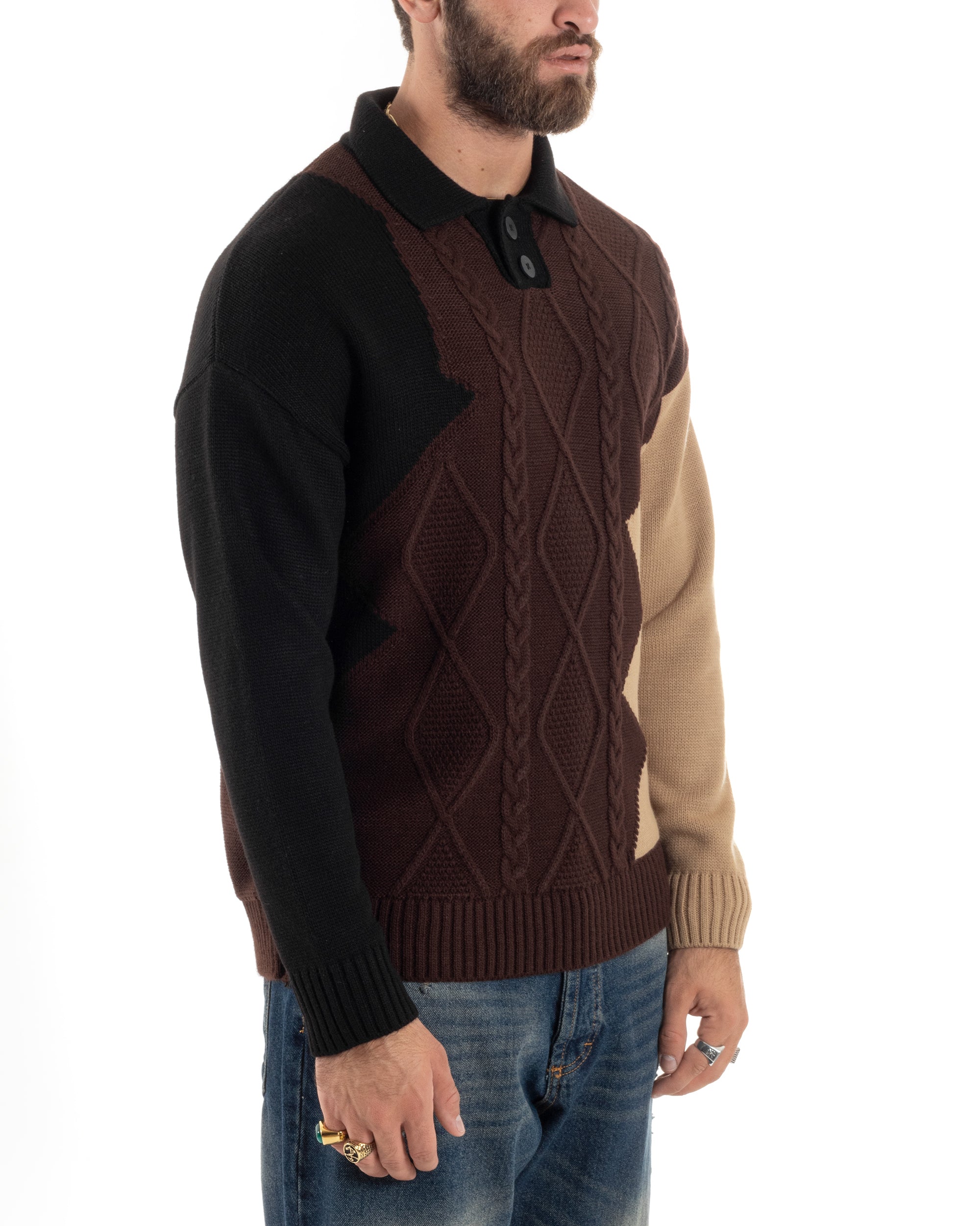 Maglione Uomo Lana Patch Trecce Polo Calda Maniche Lunghe Comoda Pullover Lavorato Color Block Casual Marrone GIOSAL-M2897A