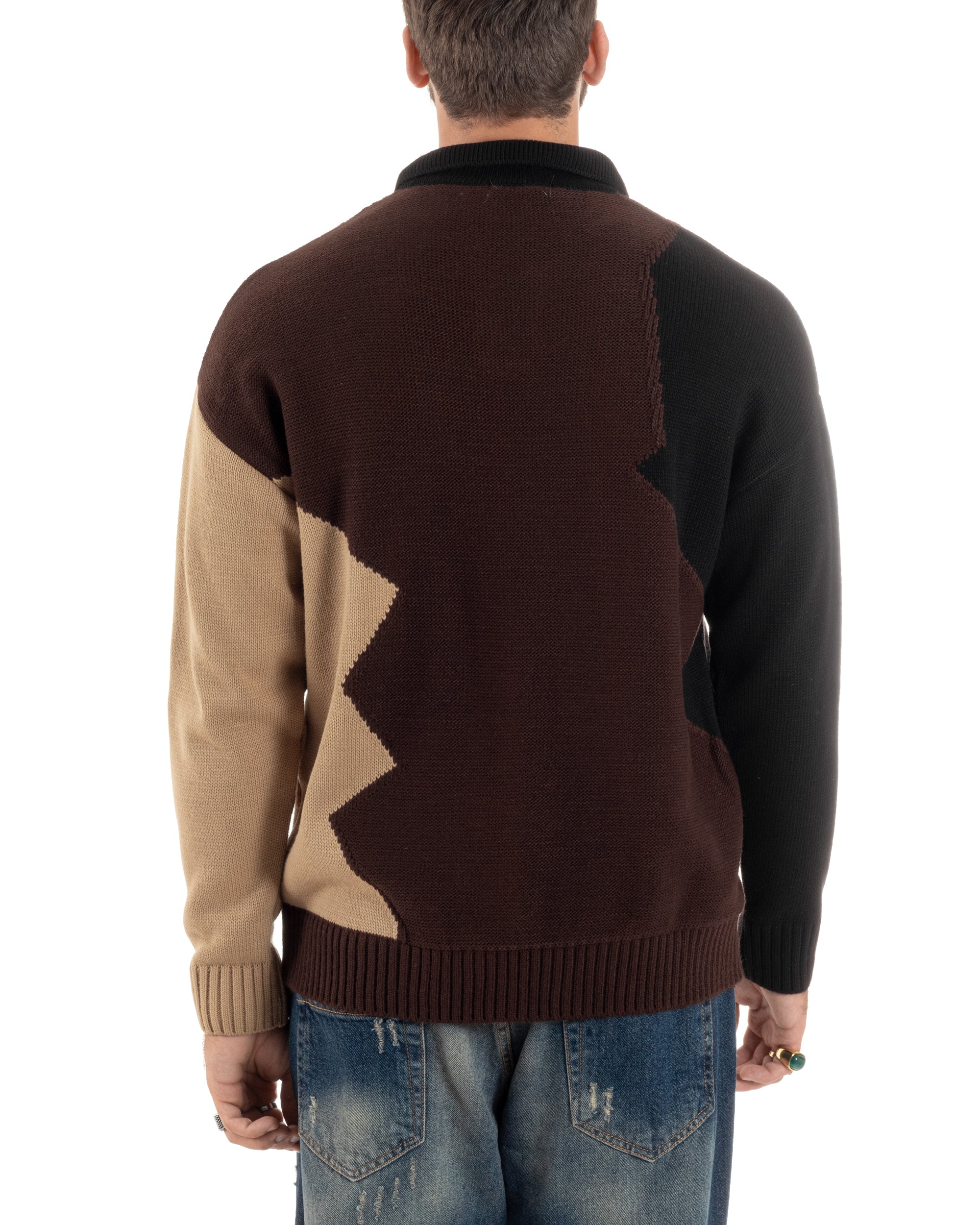 Maglione Uomo Lana Patch Trecce Polo Calda Maniche Lunghe Comoda Pullover Lavorato Color Block Casual Marrone GIOSAL-M2897A